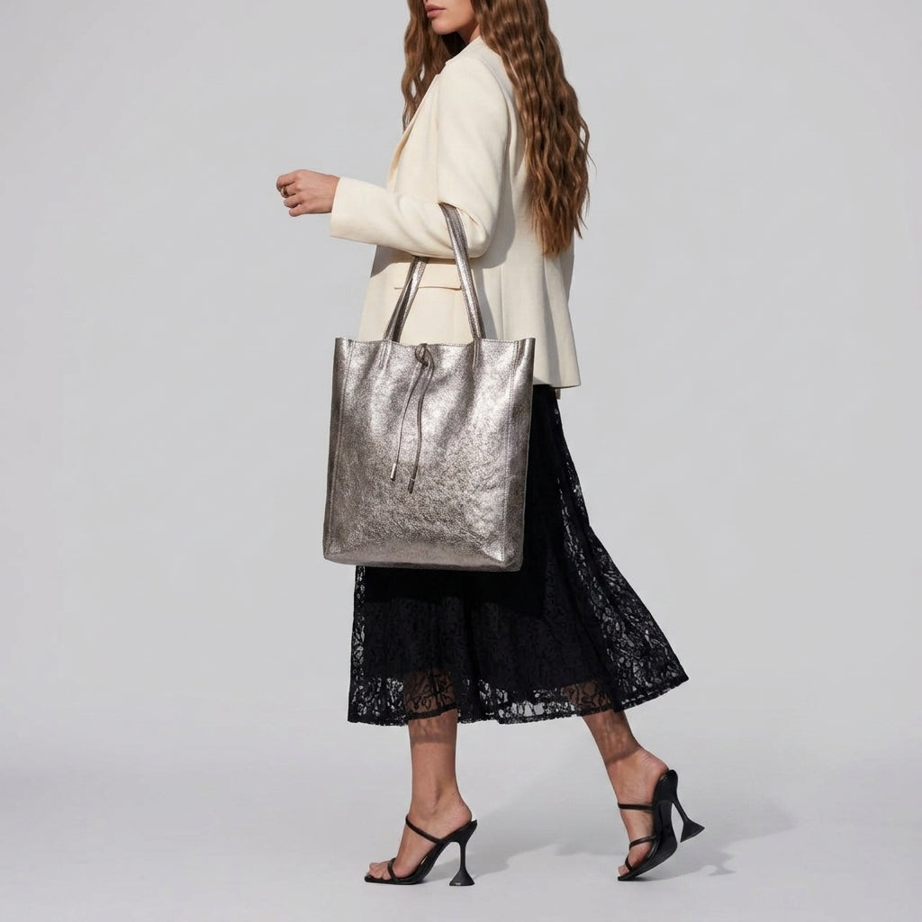 Italian Genuine Metallic Suede Tote Bag - Modern Soft Structure