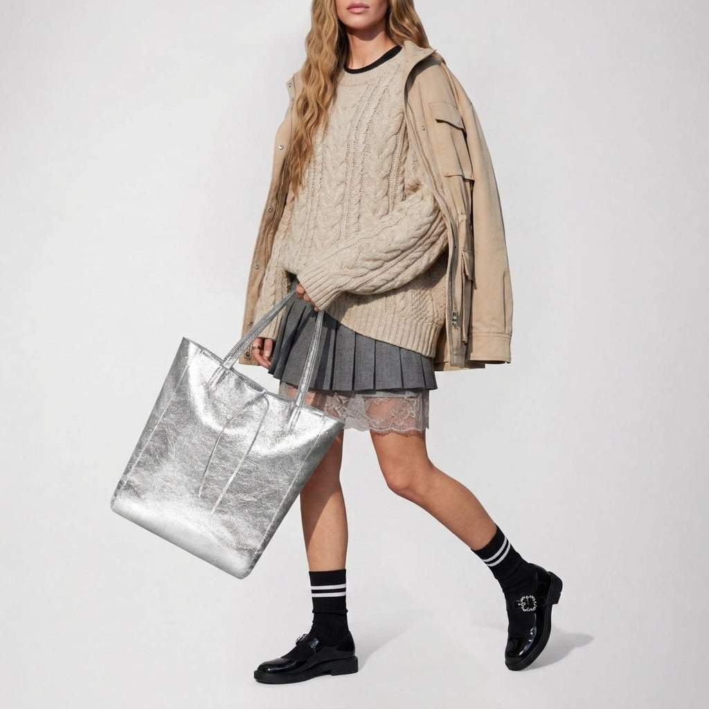 Italian Genuine Metallic Suede Tote Bag - Modern Soft Structure