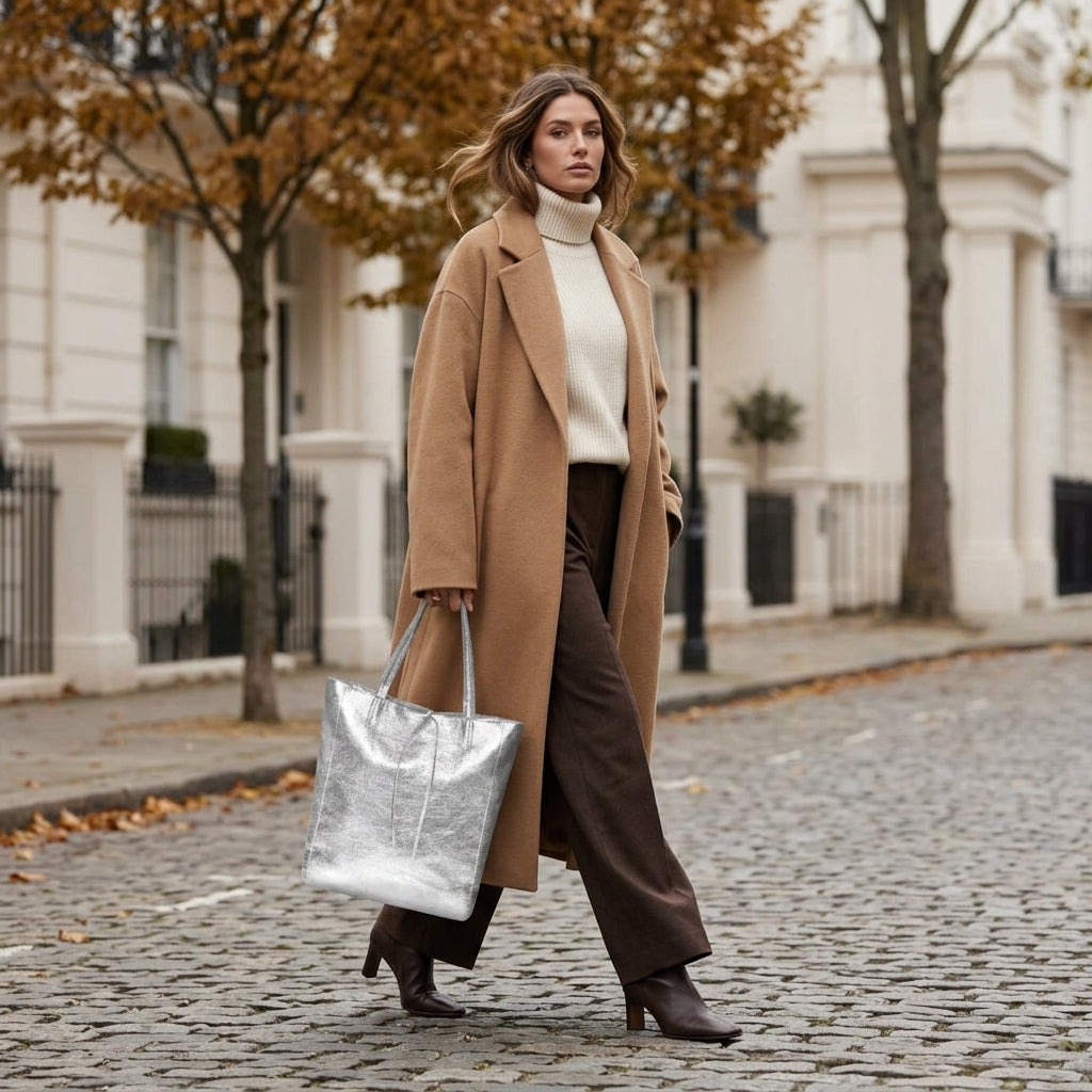 Italian Genuine Metallic Suede Tote Bag - Modern Soft Structure
