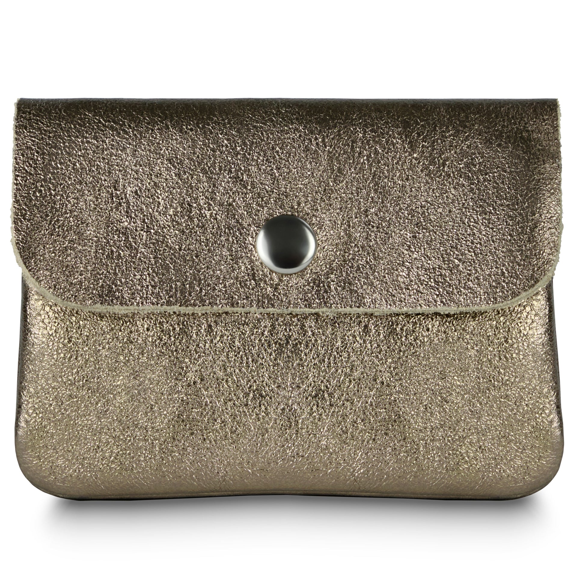 Slim Italian genuine metallic suede wallet with snap closure in black, gold, and silver
