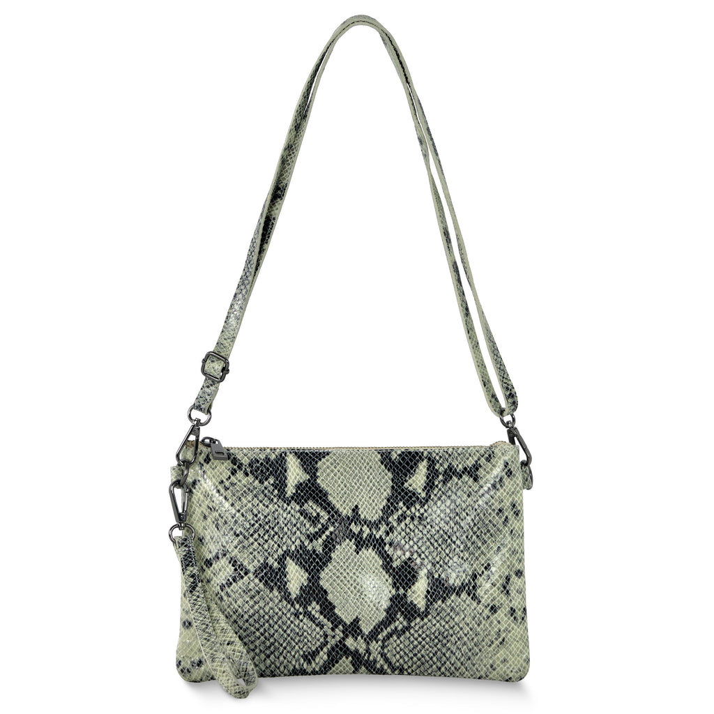 Small python-embossed suede crossbody wristlet with zip closure.