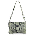 Small python-embossed suede crossbody wristlet with zip closure.