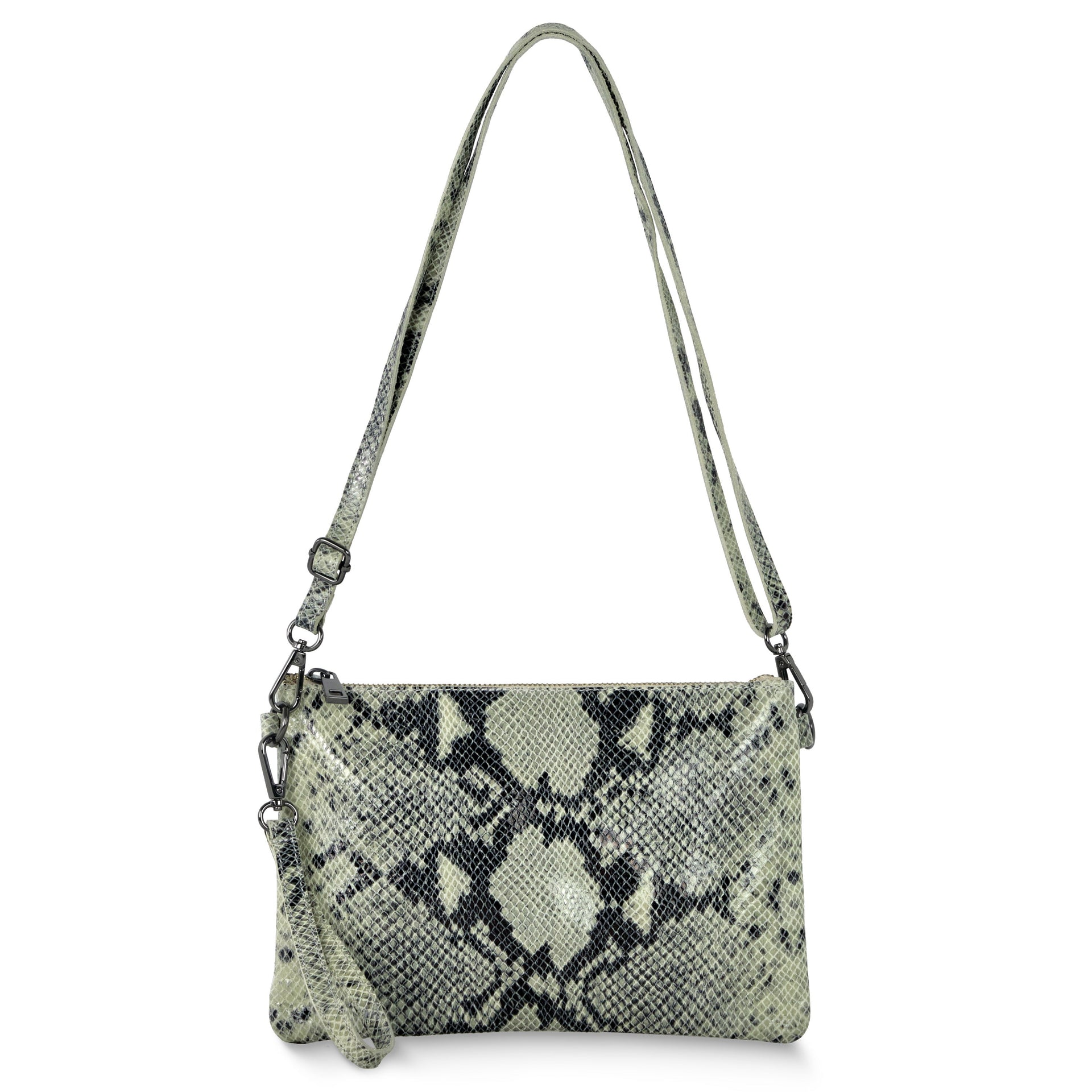 Small python-embossed suede crossbody wristlet with zip closure.