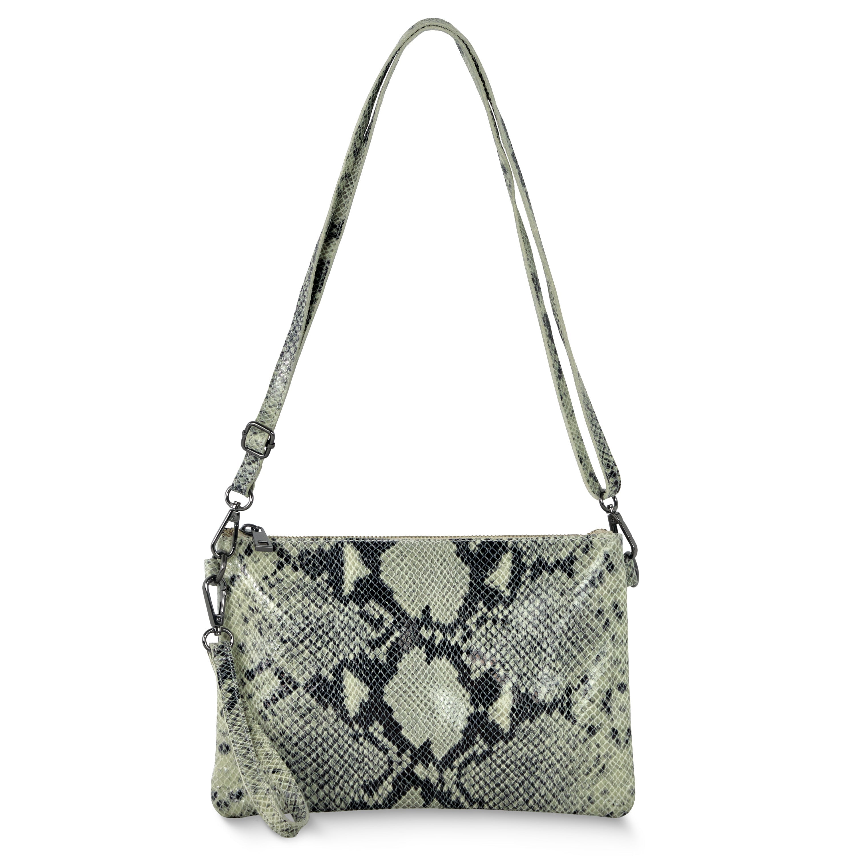 Small python-embossed suede crossbody wristlet with zip closure.