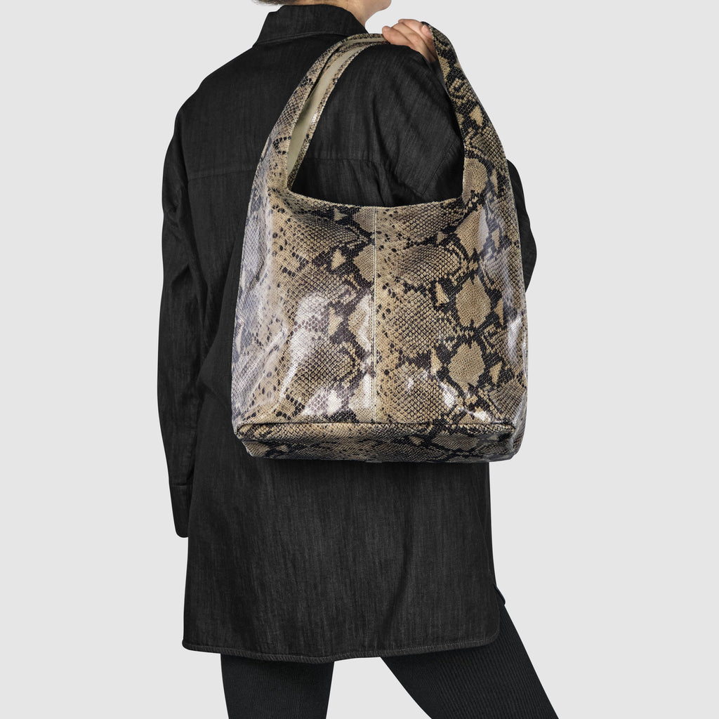 Italian Genuine Python-Print Suede Hobo Bag