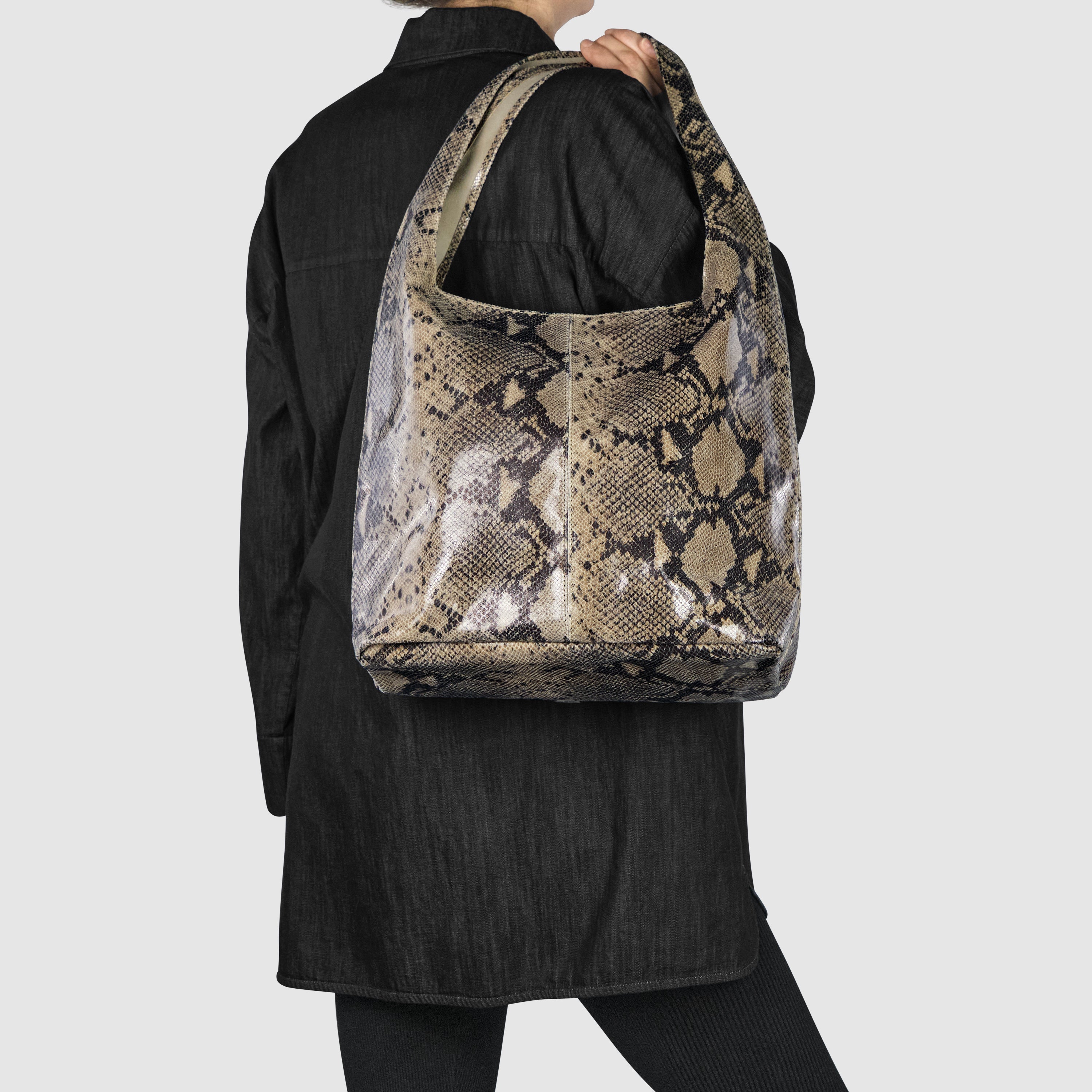 Italian Genuine Python-Print Suede Hobo Bag