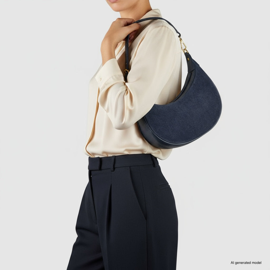 Genuine Italian Suede & Calf Leather Crescent Shoulder Bag