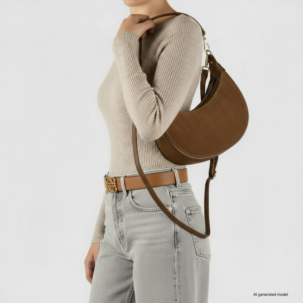 Genuine Italian Suede & Calf Leather Crescent Shoulder Bag