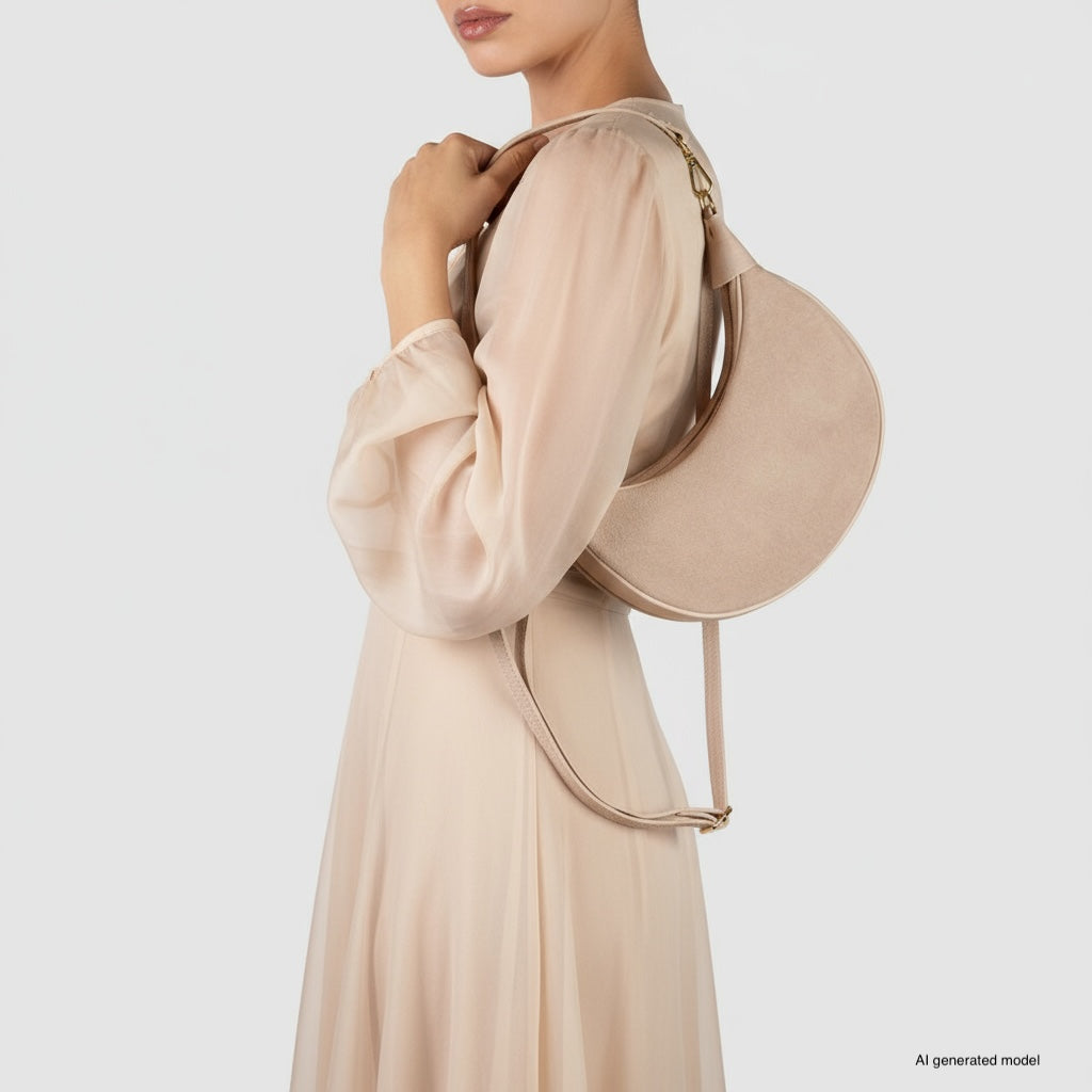 Genuine Italian Suede & Calf Leather Crescent Shoulder Bag