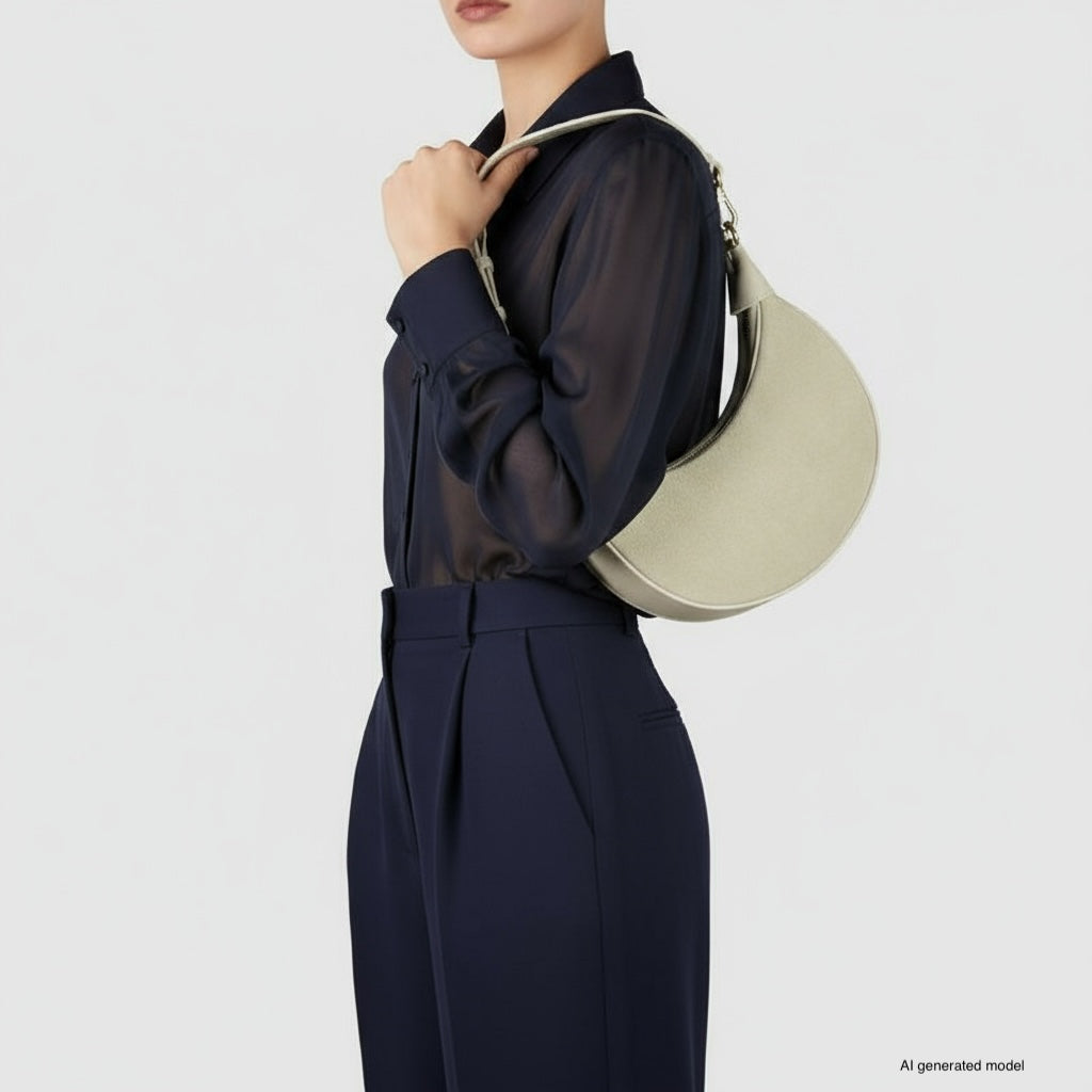 Genuine Italian Suede & Calf Leather Crescent Shoulder Bag