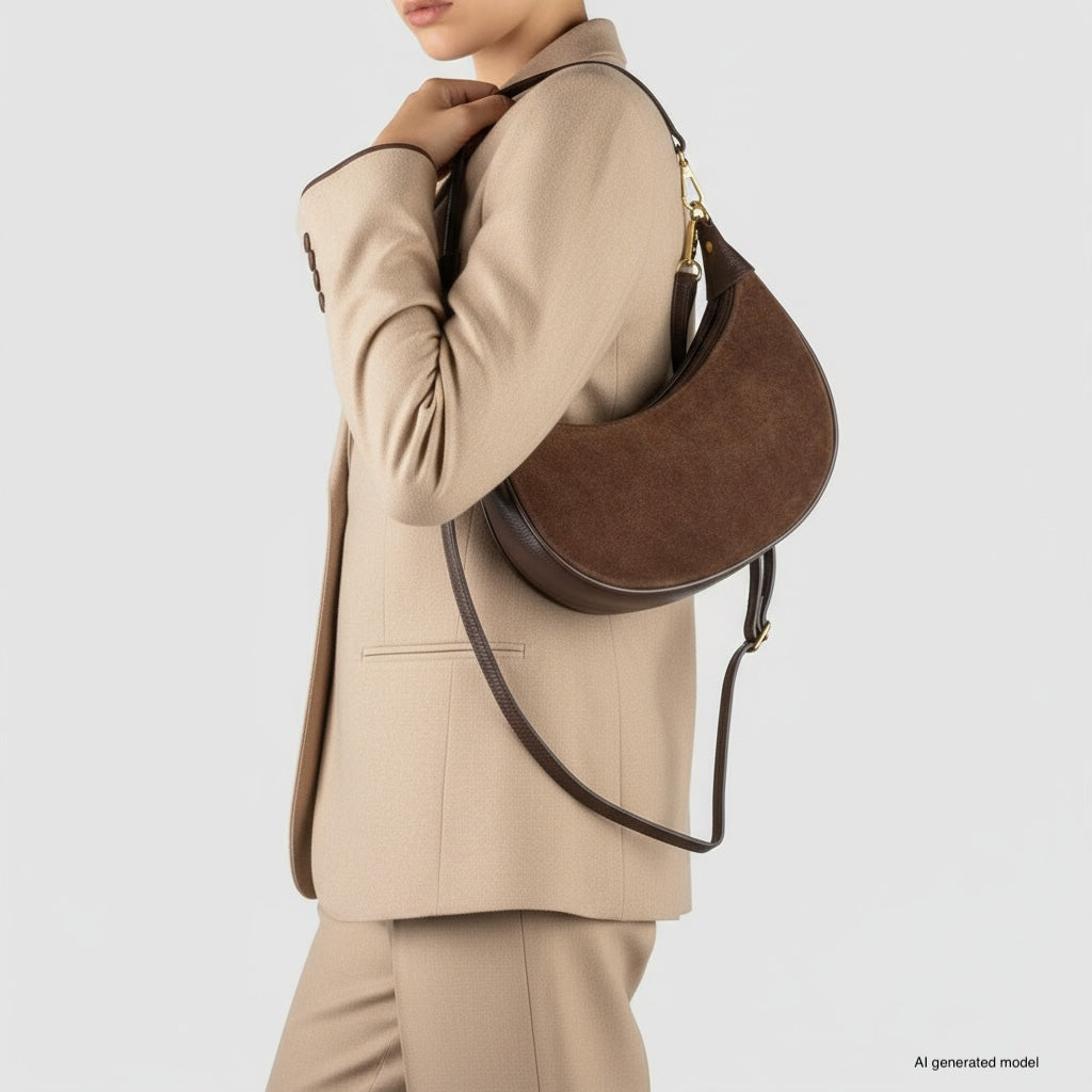 Genuine Italian Suede & Calf Leather Crescent Shoulder Bag