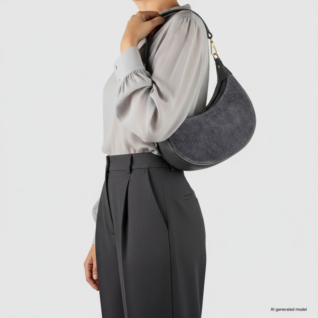 Genuine Italian Suede & Calf Leather Crescent Shoulder Bag