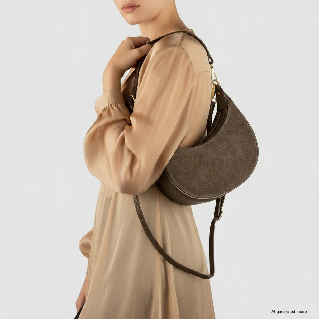 Genuine Italian Suede & Calf Leather Crescent Shoulder Bag
