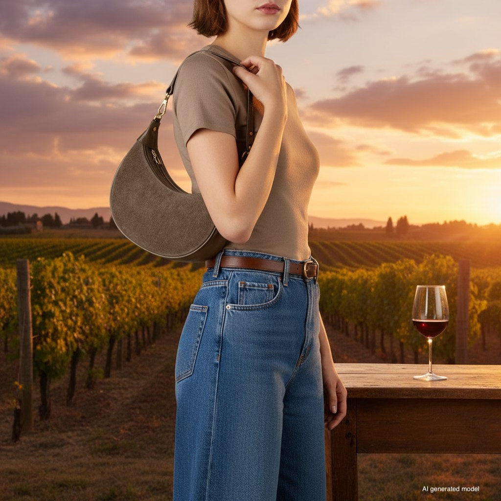 Genuine Italian Suede & Calf Leather Crescent Shoulder Bag