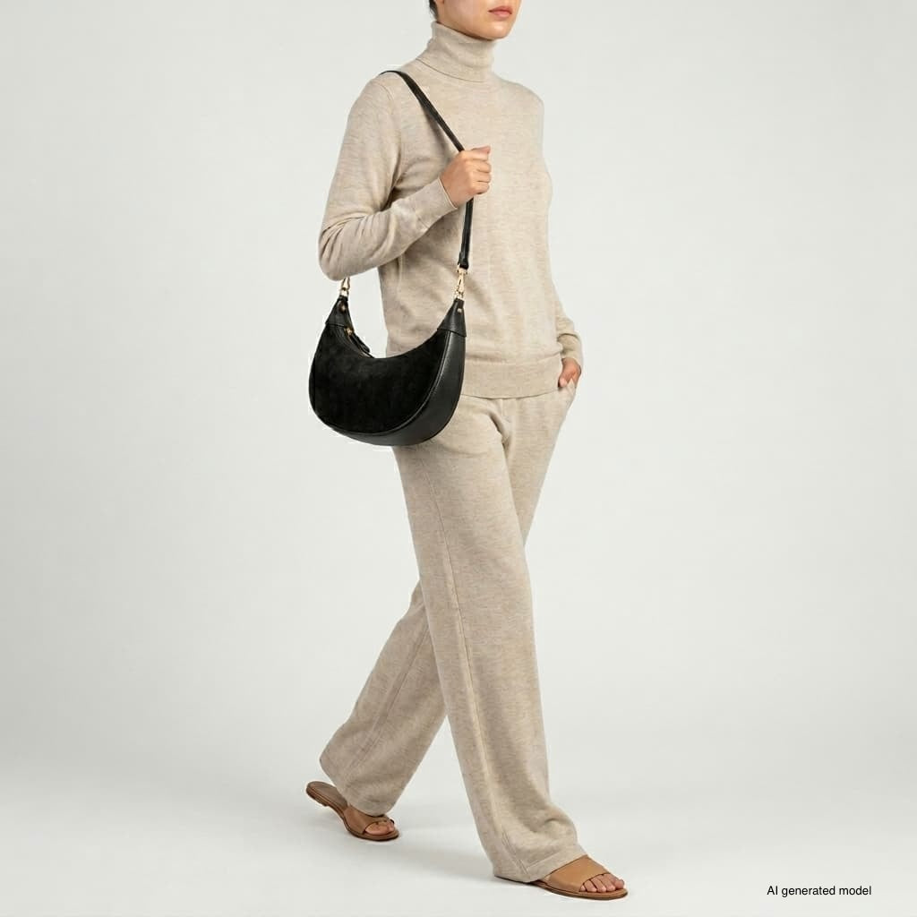 Genuine Italian Suede & Calf Leather Crescent Shoulder Bag