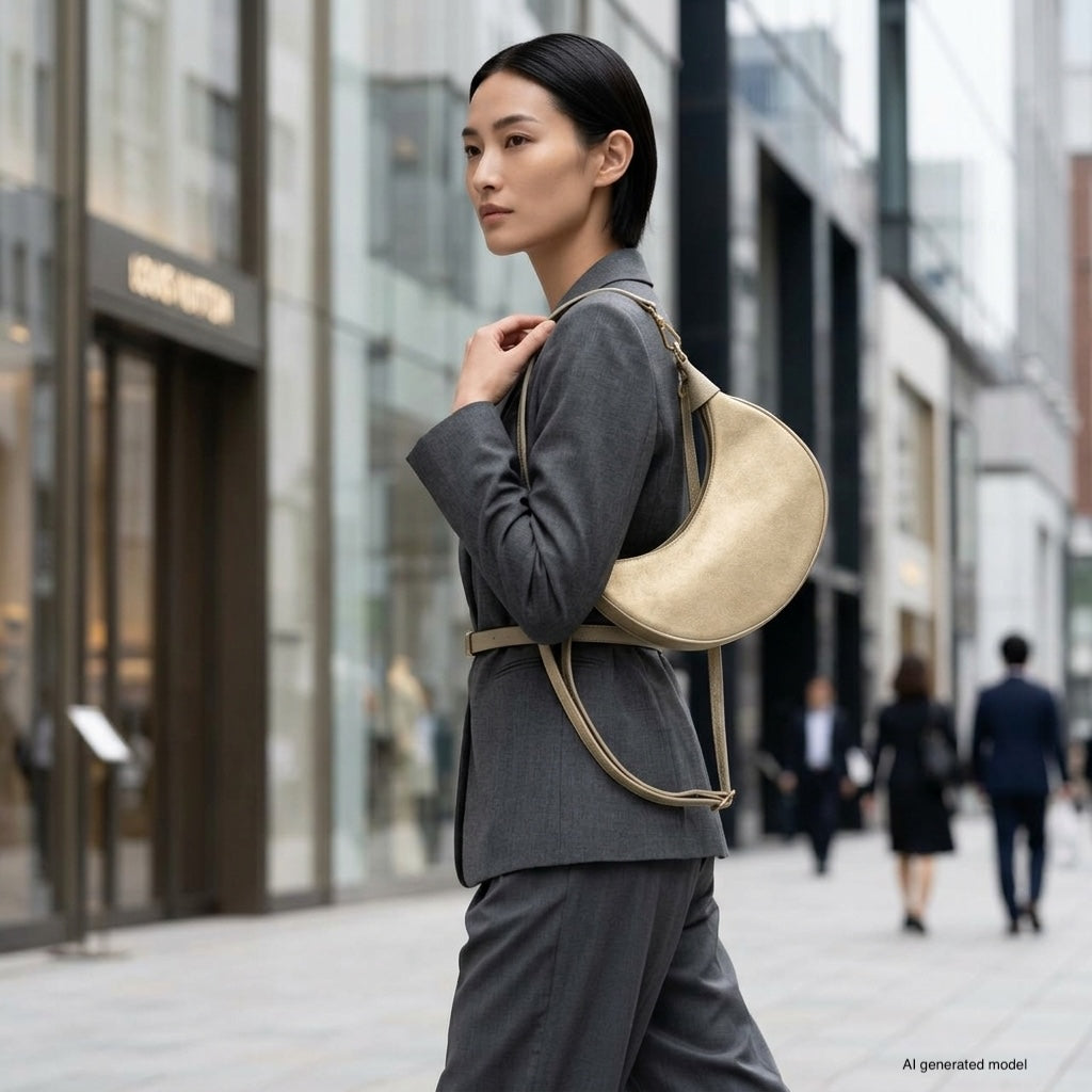 Genuine Italian Suede & Calf Leather Crescent Shoulder Bag