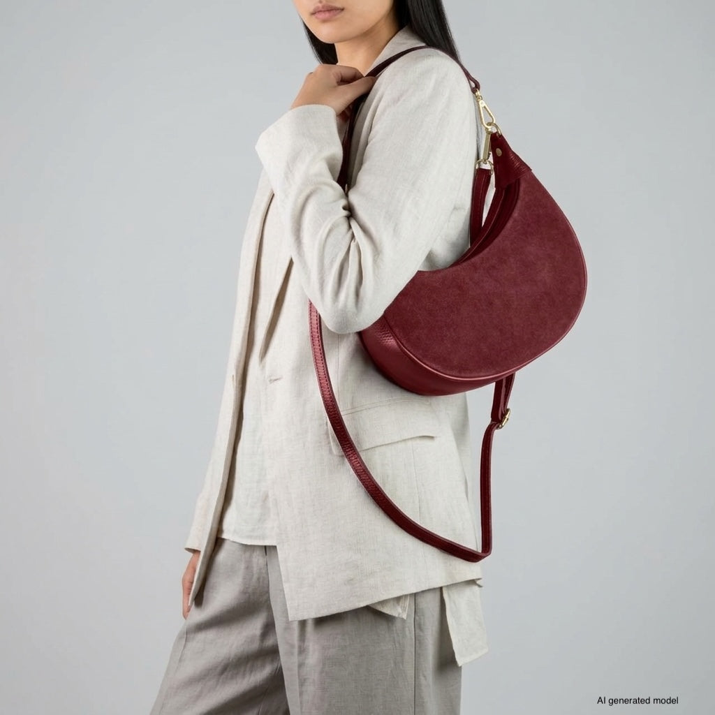 Genuine Italian Suede & Calf Leather Crescent Shoulder Bag