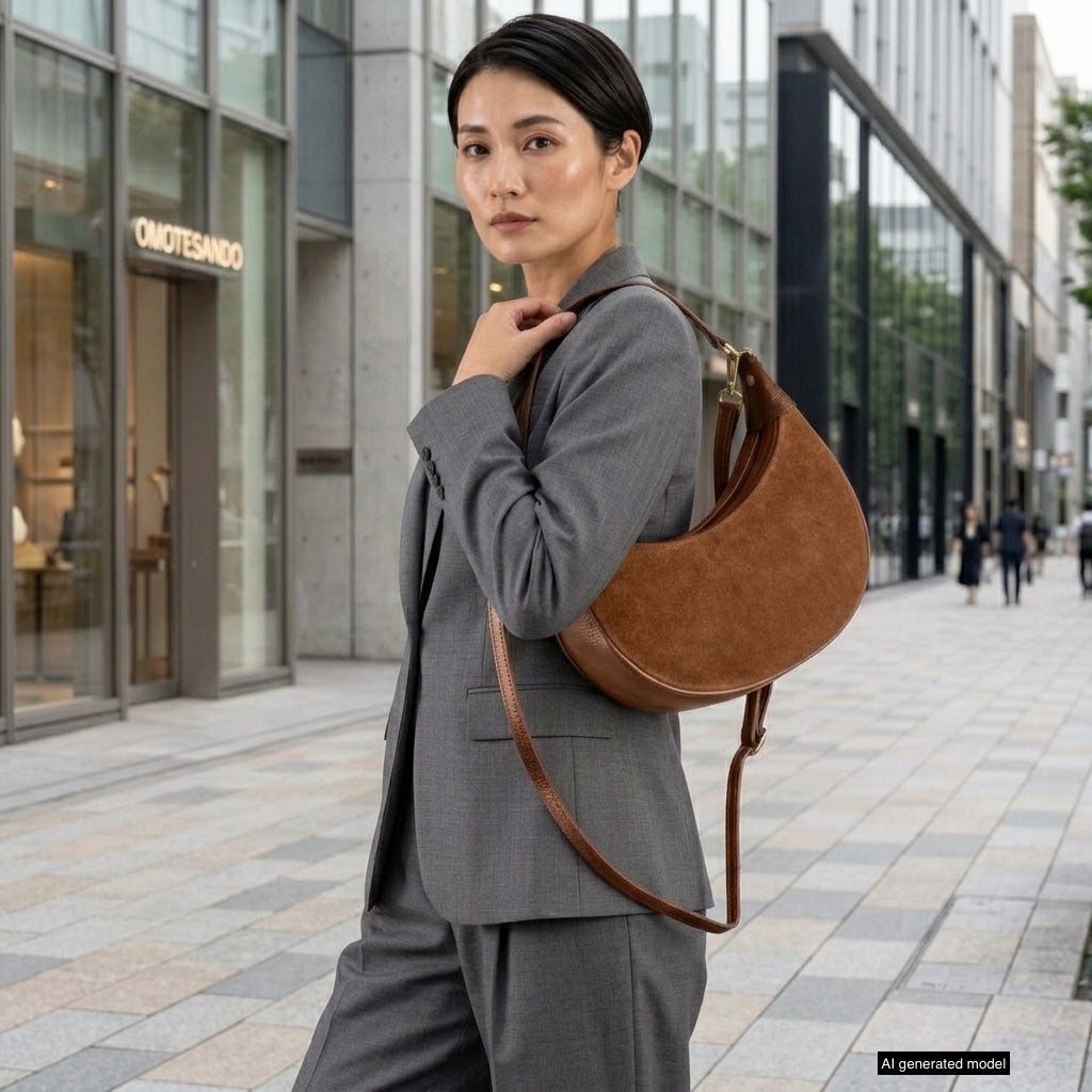 Genuine Italian Suede & Calf Leather Crescent Shoulder Bag