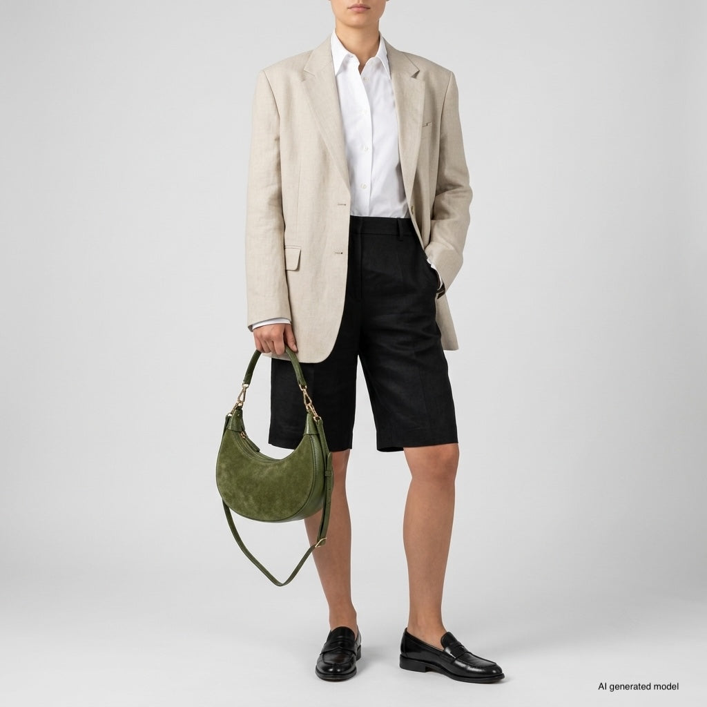 Genuine Italian Suede & Calf Leather Crescent Shoulder Bag