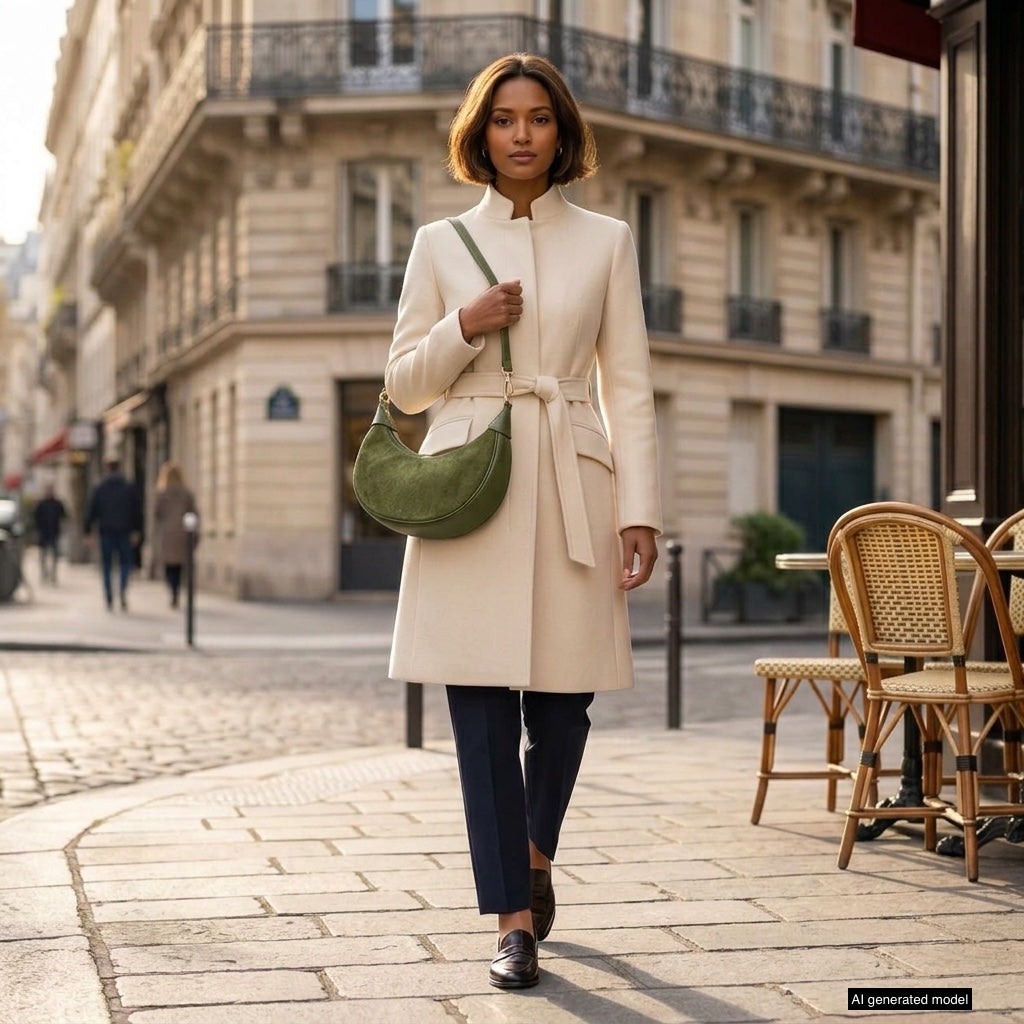 Genuine Italian Suede & Calf Leather Crescent Shoulder Bag