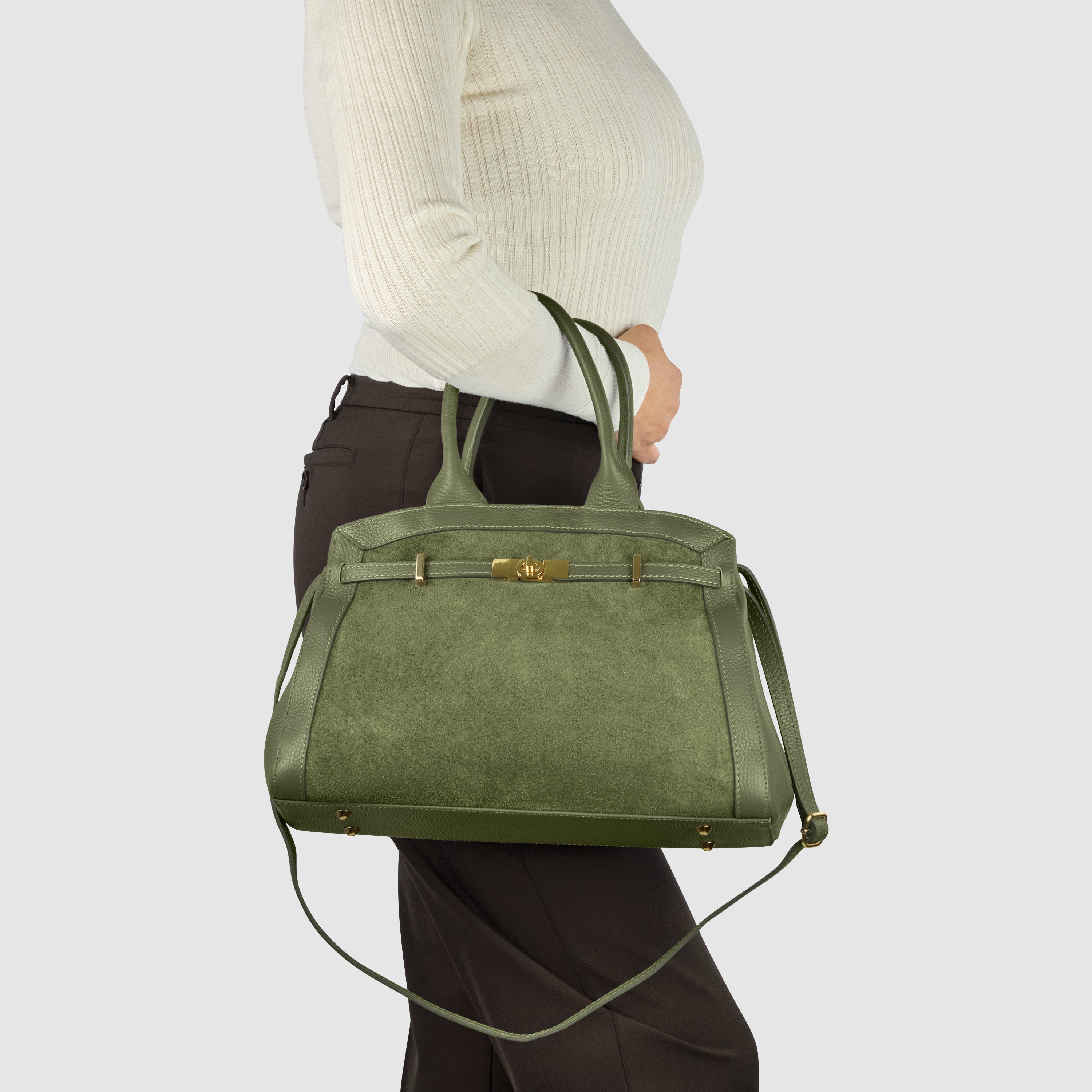 Italian Genuine Suede and Calf Leather Top-Handle Bag