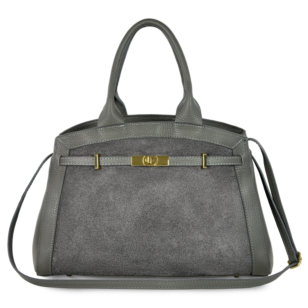 TAKEASY Italian genuine suede and calf leather top-handle bag in neutral tones