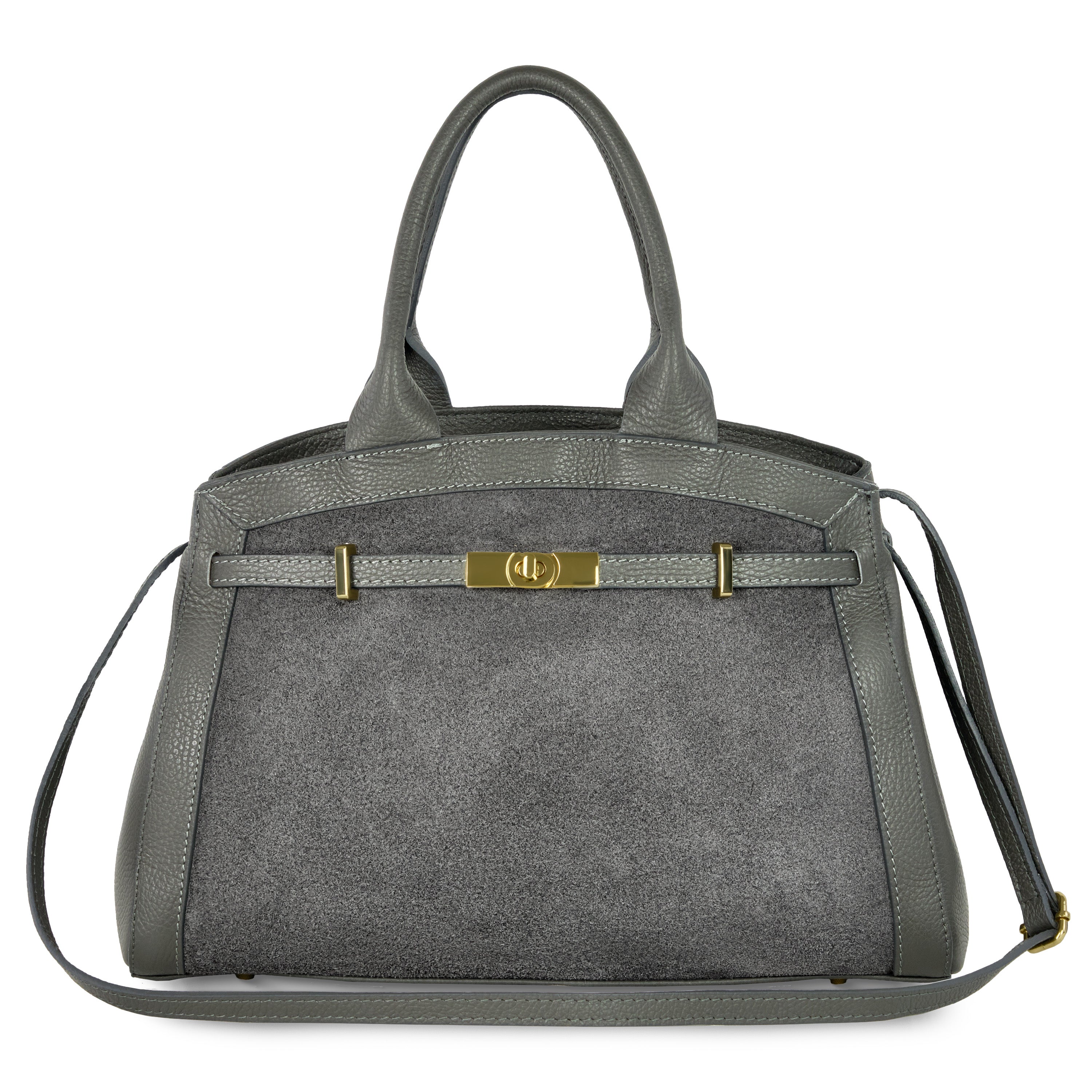 TAKEASY Italian genuine suede and calf leather top-handle bag in neutral tones