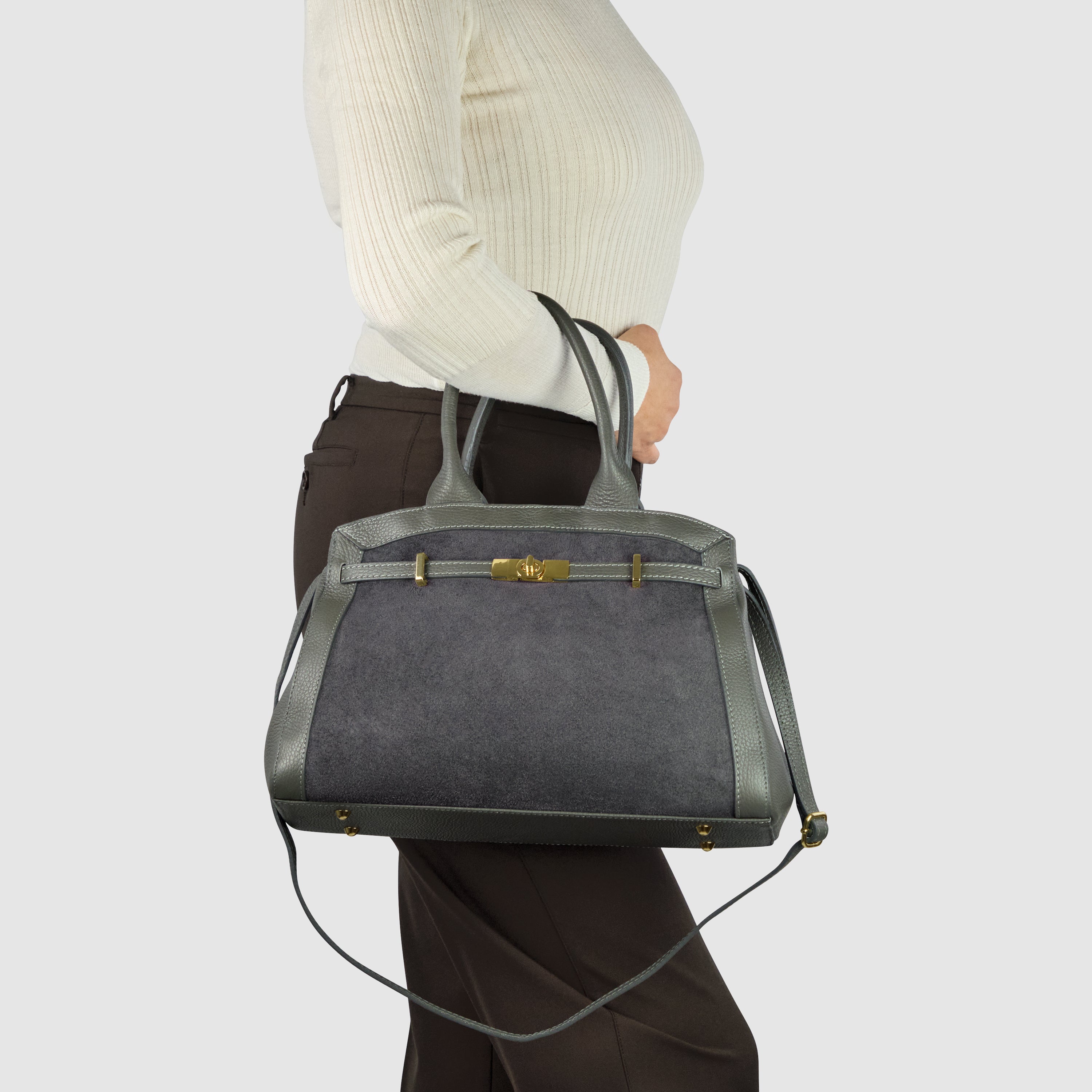 Italian Genuine Suede and Calf Leather Top-Handle Bag