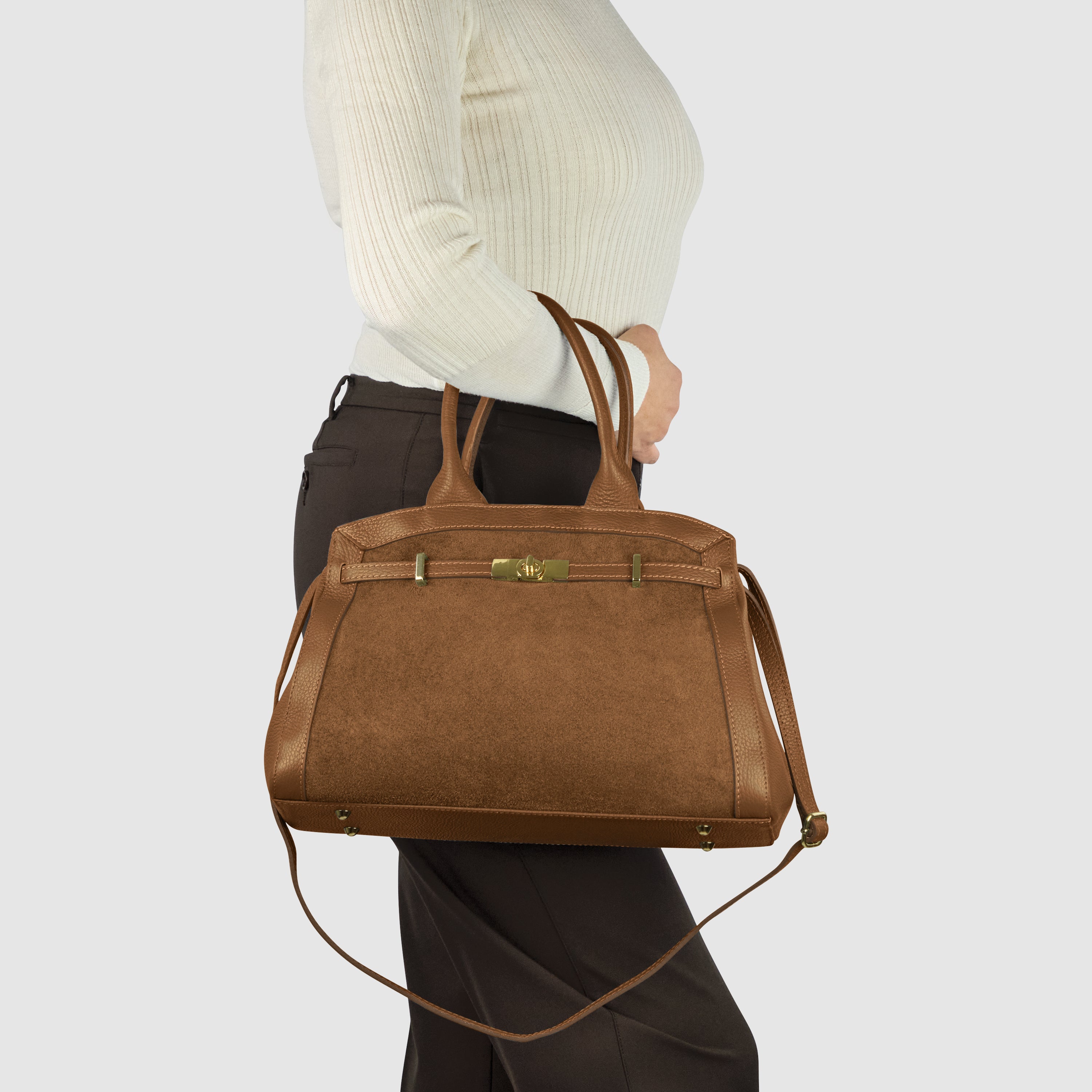 Italian Genuine Suede and Calf Leather Top-Handle Bag