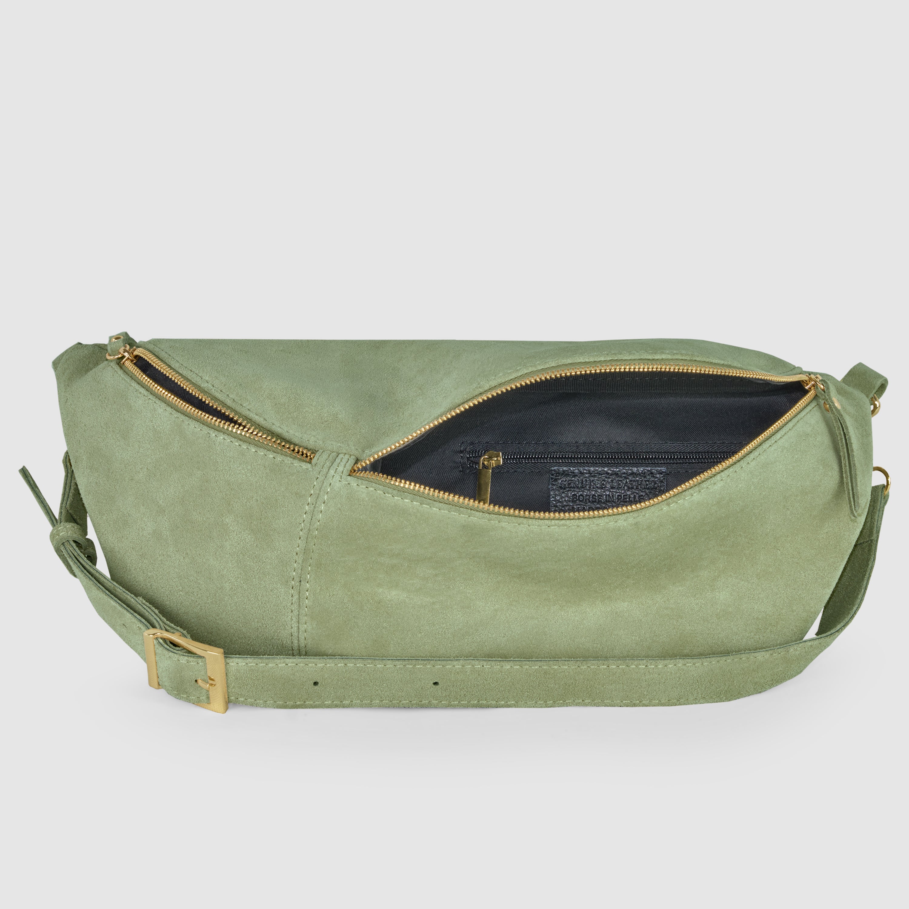 Italian Genuine Suede Curved Crossbody Bag with Belt Strap