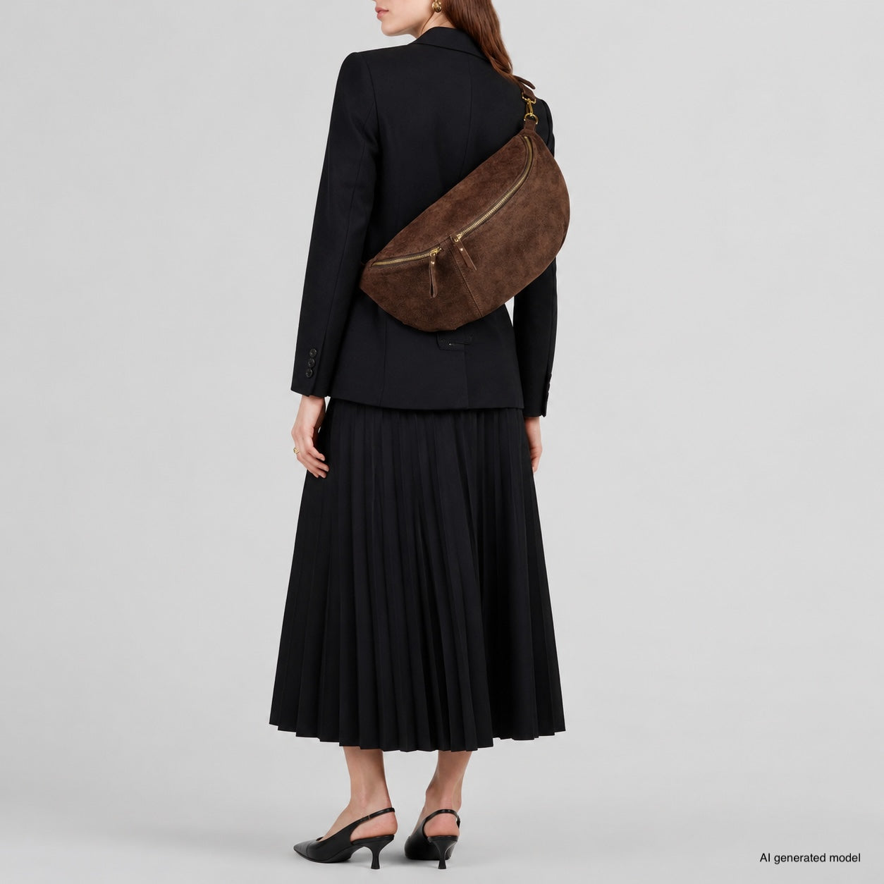 Italian Genuine Suede Curved Crossbody Bag with Belt Strap