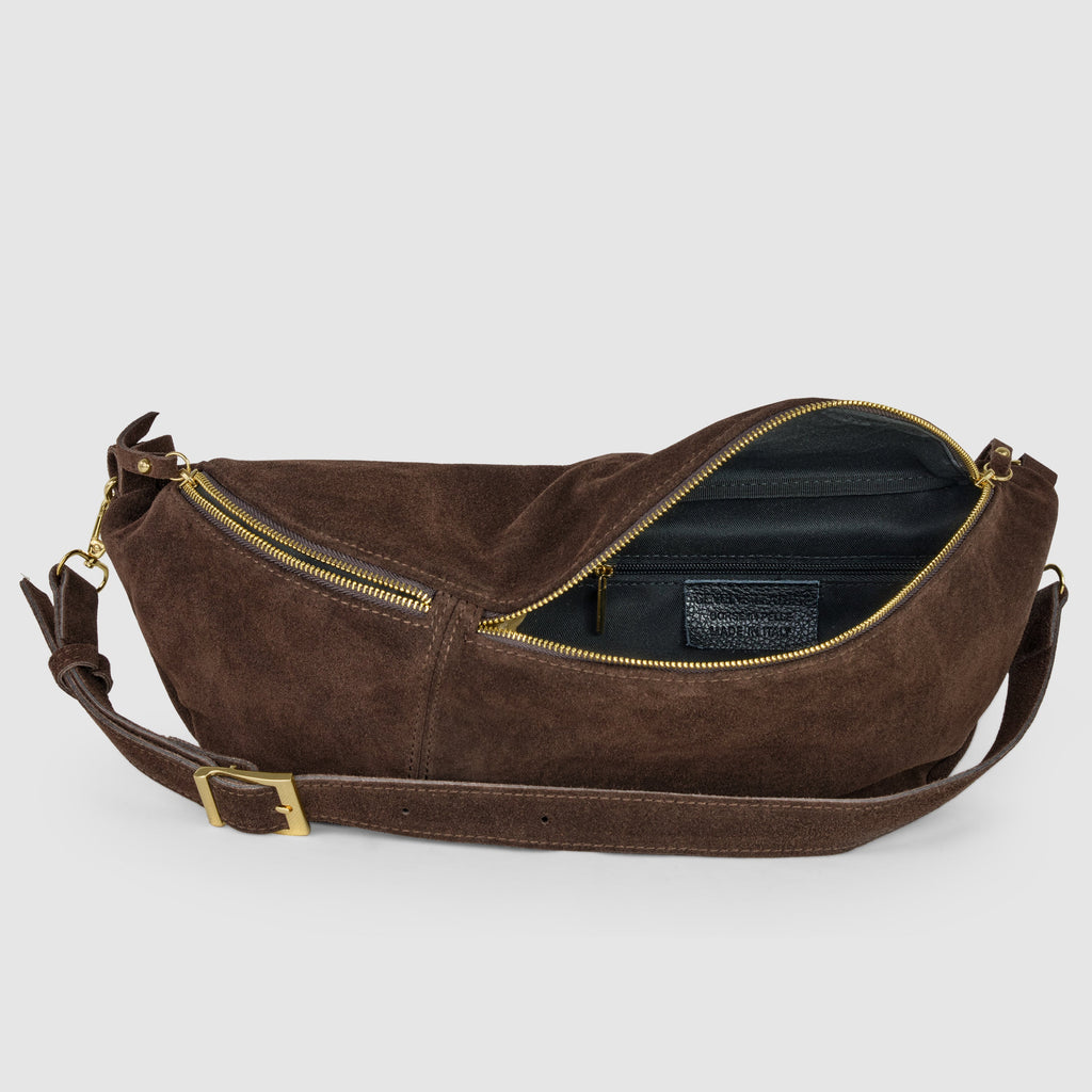 Italian Genuine Suede Curved Crossbody Bag with Belt Strap