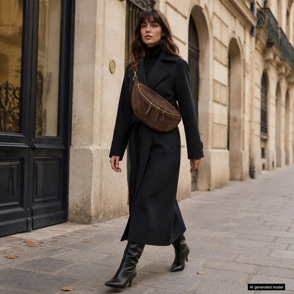 Italian Genuine Suede Curved Crossbody Bag with Belt Strap