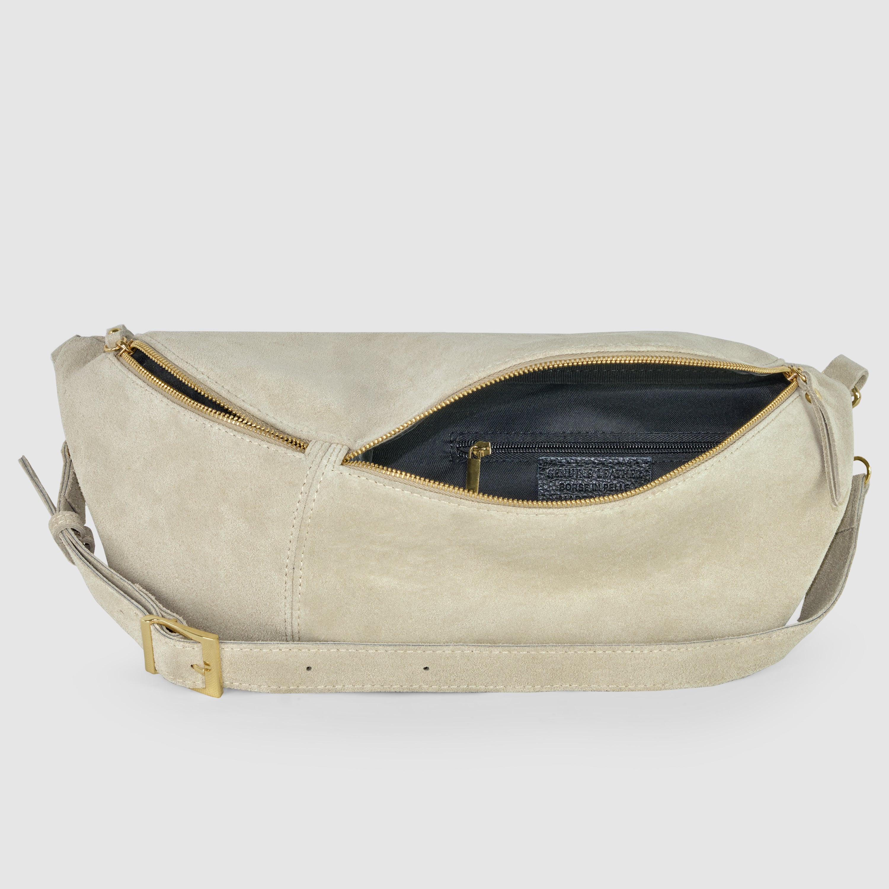 Italian Genuine Suede Curved Crossbody Bag with Belt Strap