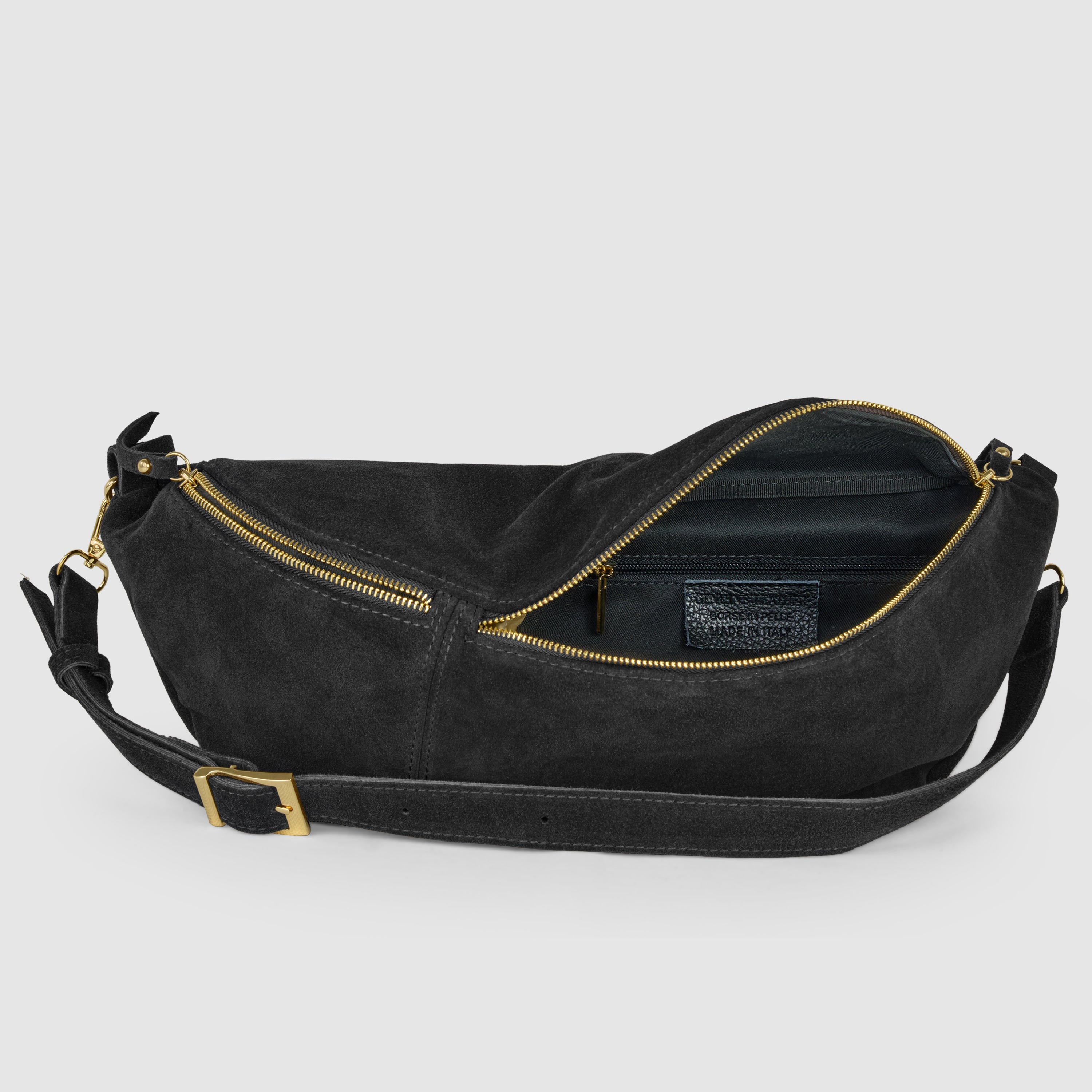 Italian Genuine Suede Curved Crossbody Bag with Belt Strap