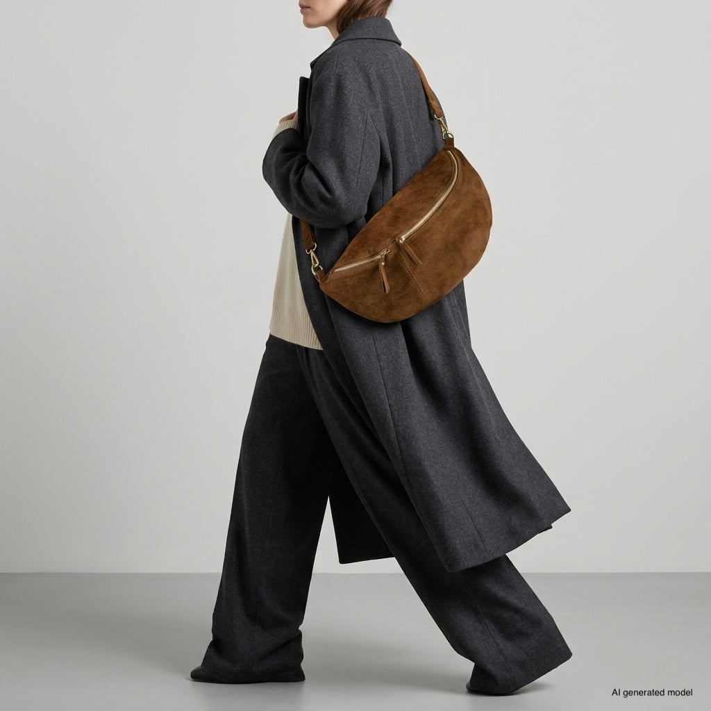 Italian Genuine Suede Curved Crossbody Bag with Belt Strap