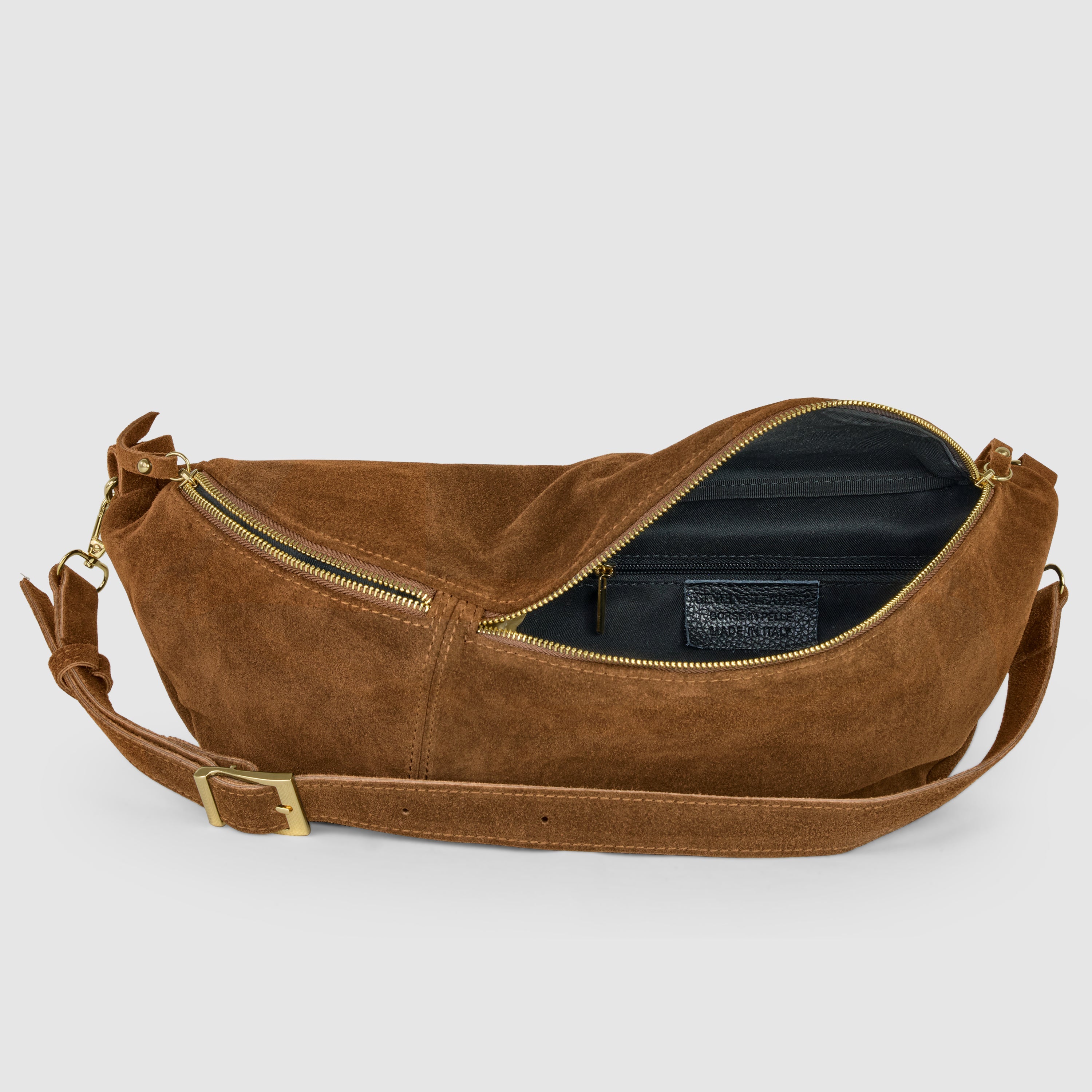 Italian Genuine Suede Curved Crossbody Bag with Belt Strap