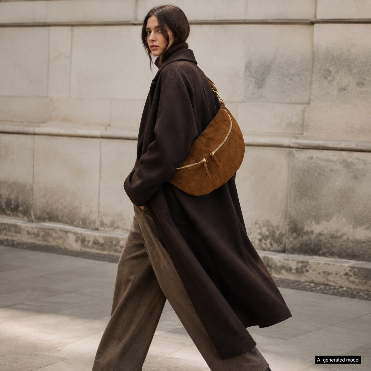 Italian Genuine Suede Curved Crossbody Bag with Belt Strap