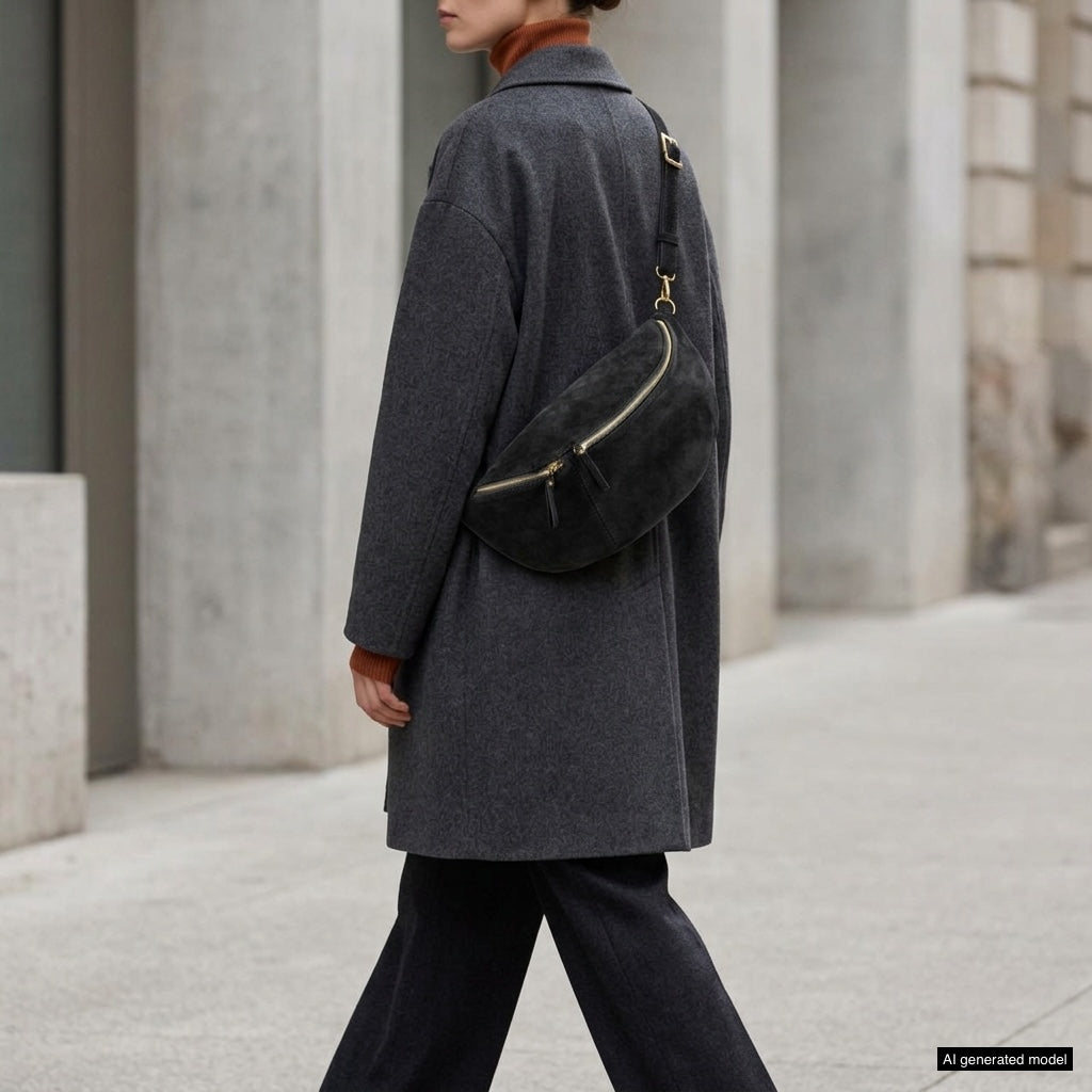 Italian Genuine Suede Curved Crossbody Bag with Belt Strap