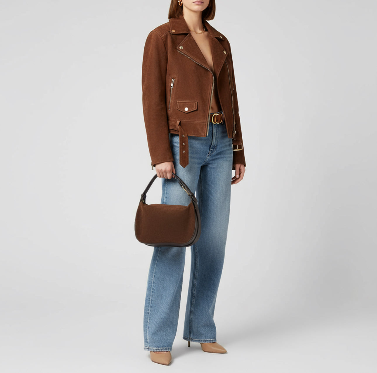 Italian Genuine Suede Compact Rounded Crossbody Shoulder Bag