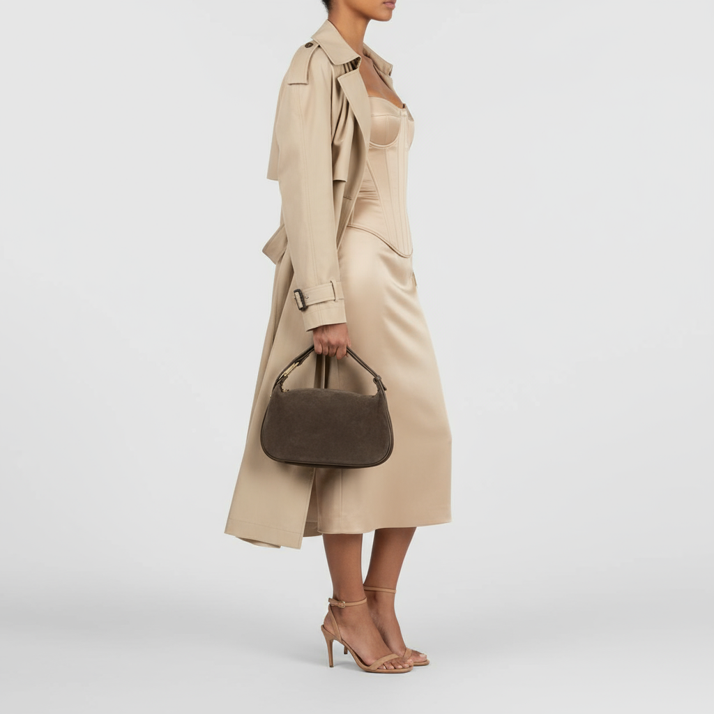 Italian Genuine Suede Compact Rounded Crossbody Shoulder Bag