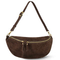 Curved Italian genuine suede crossbody bag with zippered closure in dark brown
