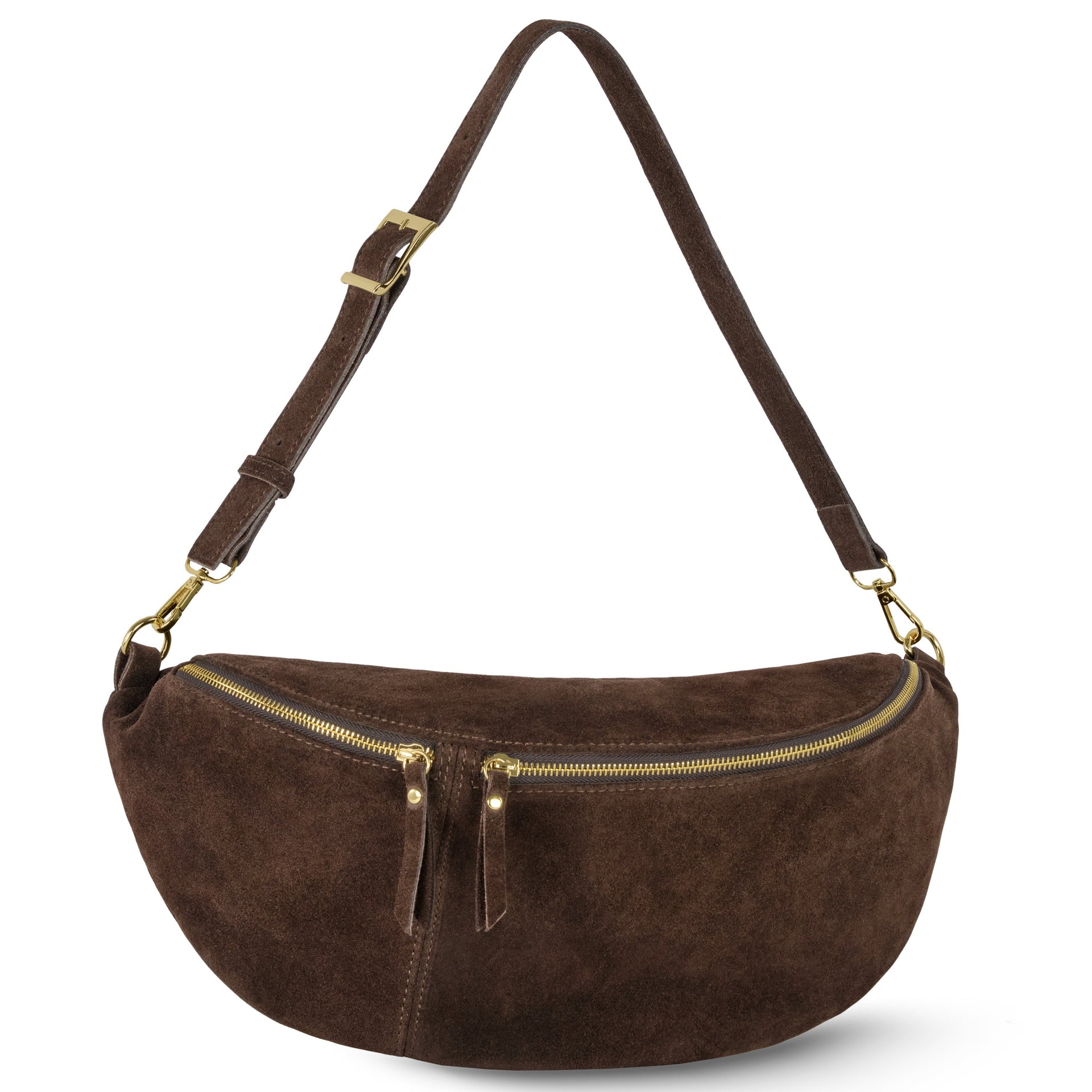 Curved Italian genuine suede crossbody bag with zippered closure in dark brown