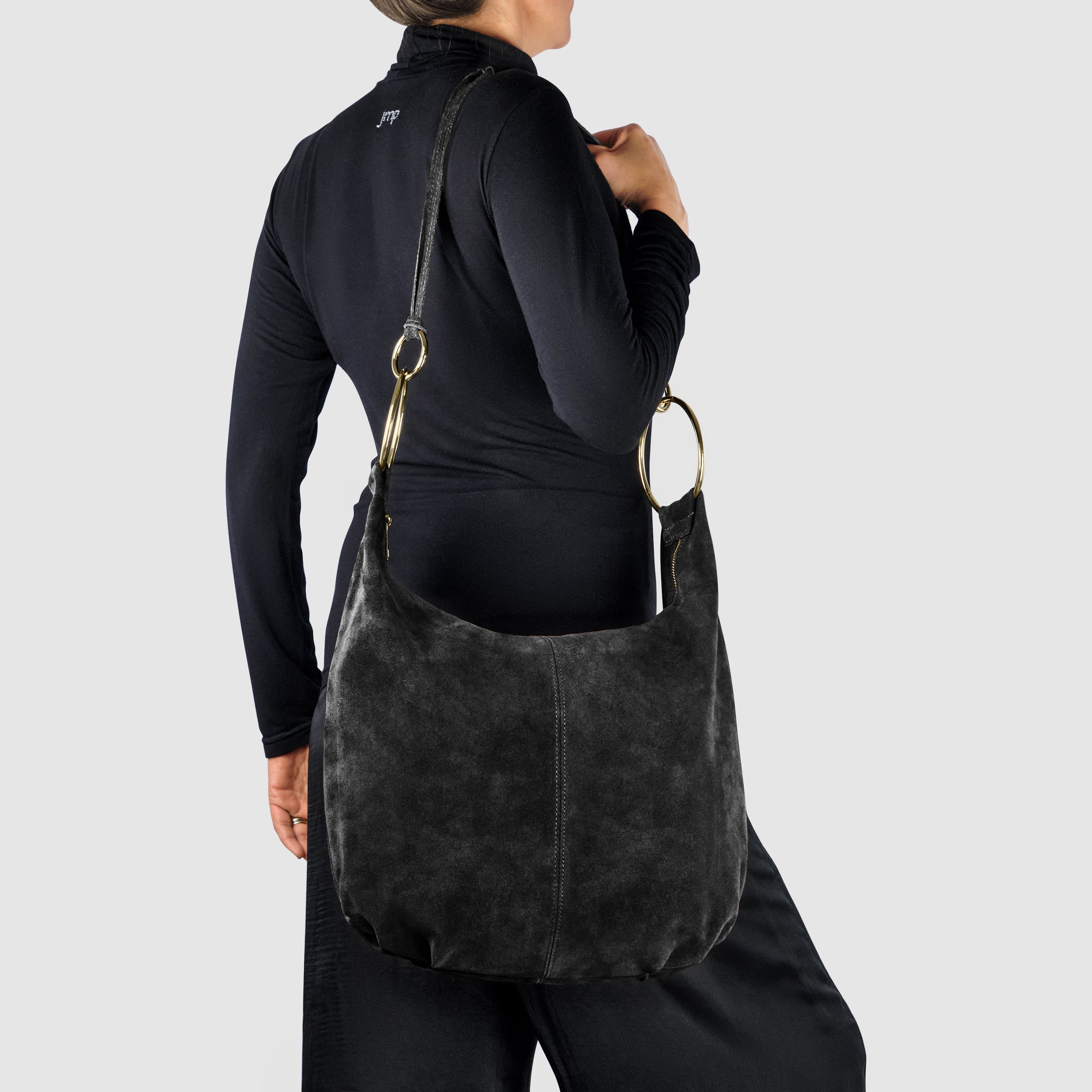 Italian Genuine Suede Slouchy Hobo Bag with Ring Details