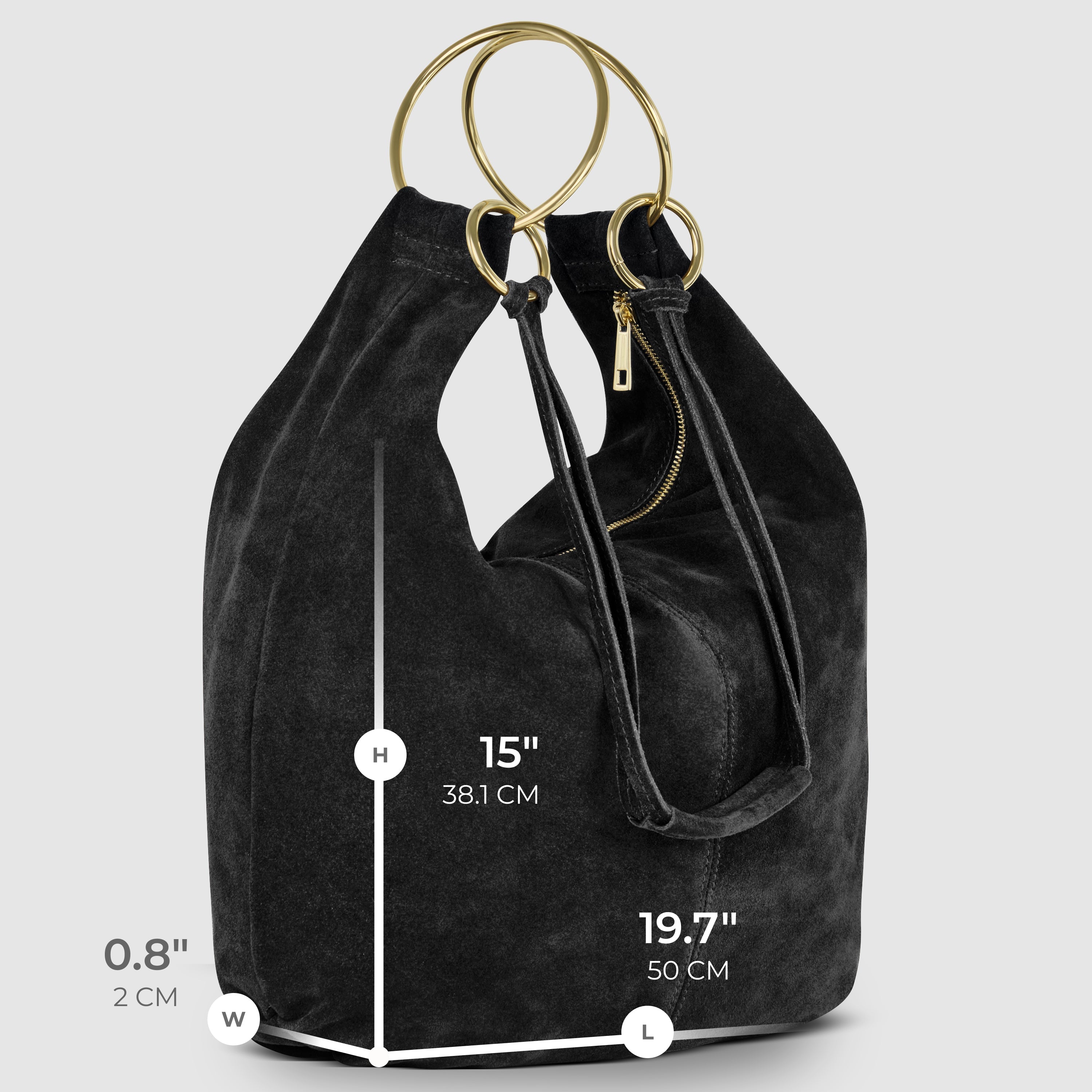Italian Genuine Suede Slouchy Hobo Bag with Ring Details