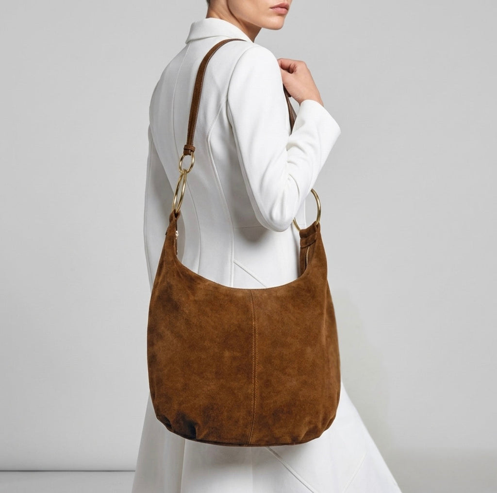 Italian Genuine Suede Slouchy Hobo Bag with Ring Details