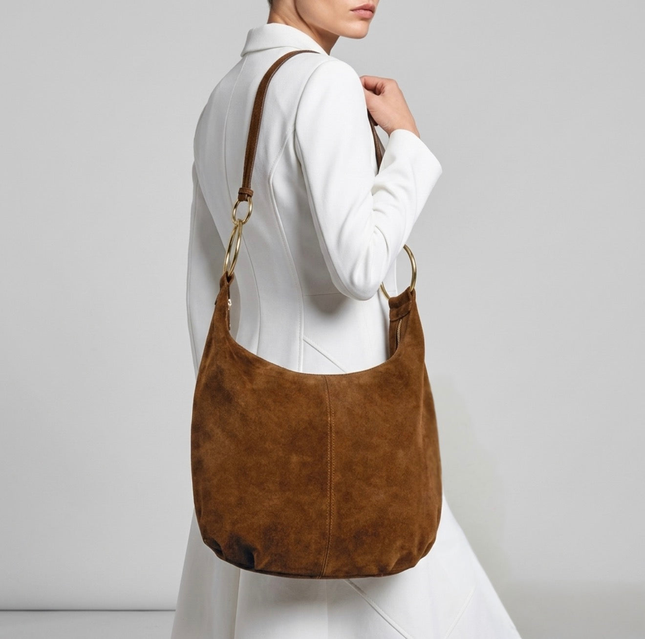Italian Genuine Suede Slouchy Hobo Bag with Ring Details