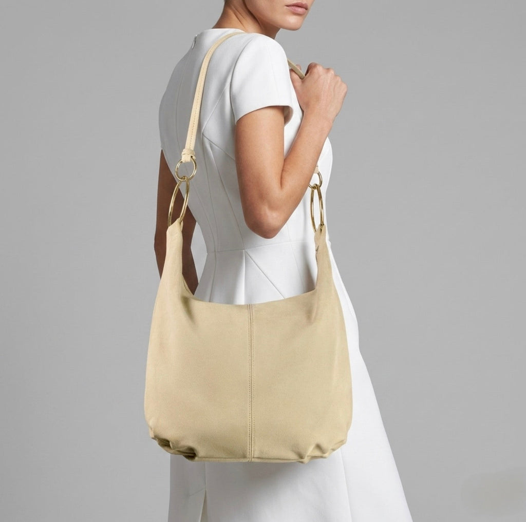 Italian Genuine Suede Slouchy Hobo Bag with Ring Details