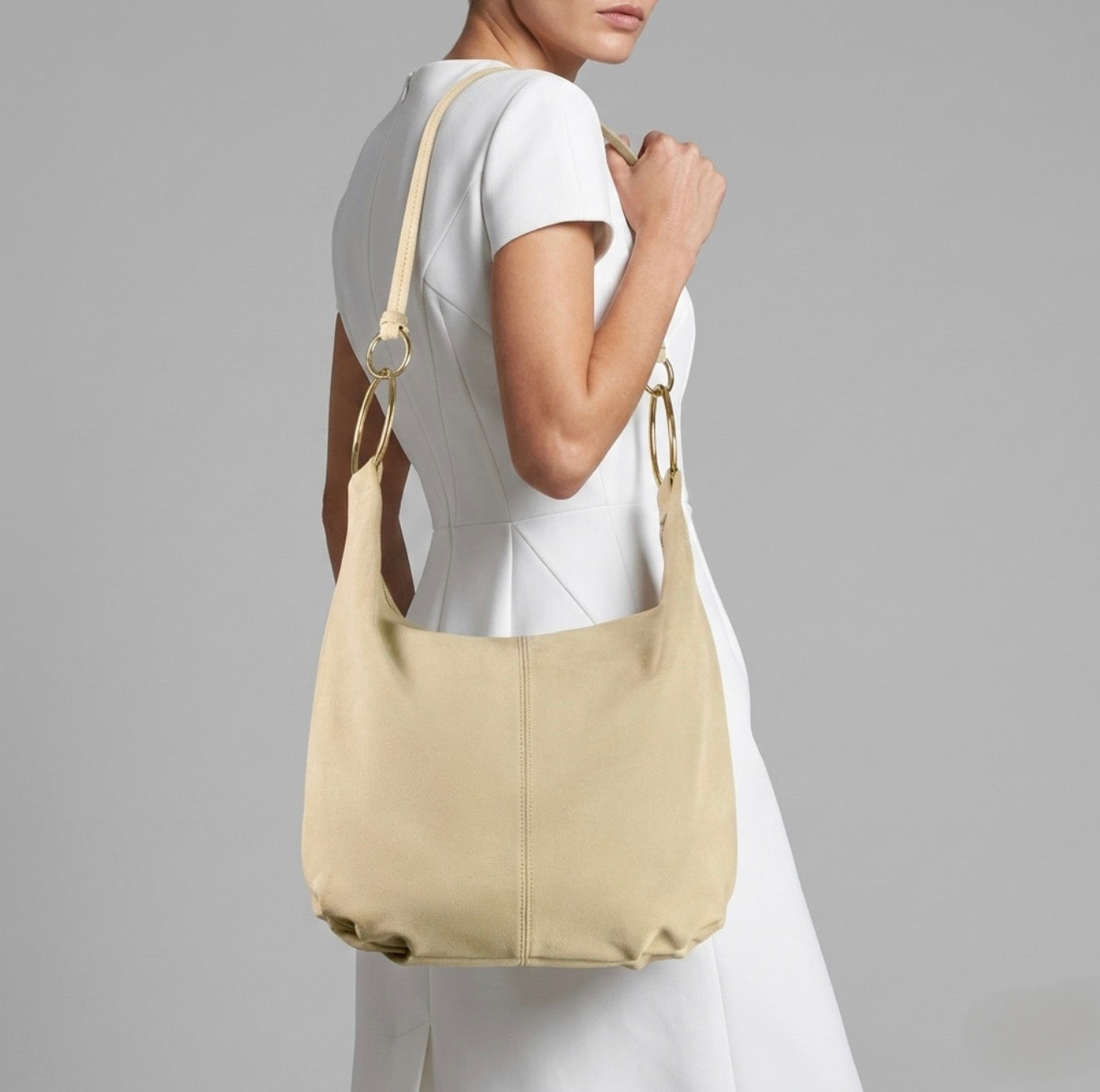 Italian Genuine Suede Slouchy Hobo Bag with Ring Details