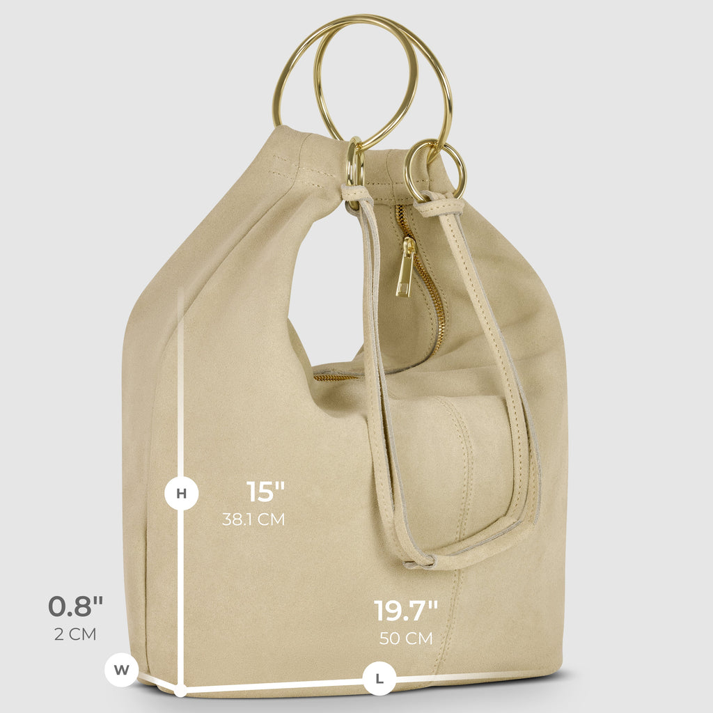 Italian Genuine Suede Slouchy Hobo Bag with Ring Details